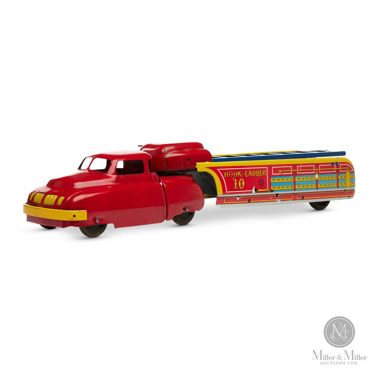 Wyandotte No. 10 Hook & Ladder Truck: American. 1940s. Crank-operated ladder. The streamlined cab is made of pressed steel and the trailer is made of lithographed tin. Marked, on side panel. Marked, on trailer. Size 5" x 16.5" with ladder