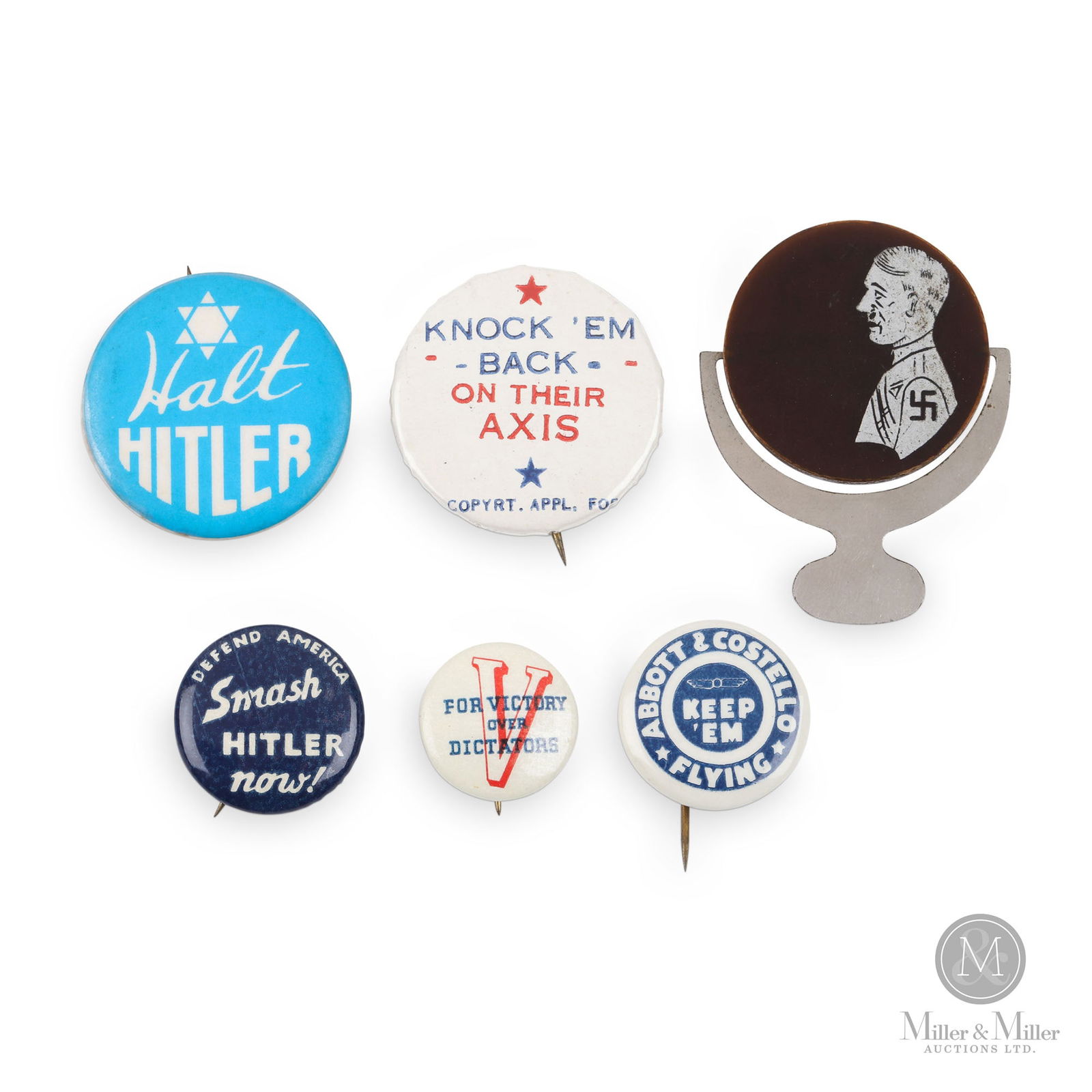 WWII Anti-Axis Pinback Buttons & Spinner: American. 1940s. Pinback buttons include "Halt Hitler" with the Star of David above the wording, "Smash Hitler Now", "Knock 'em back on their Axis", "V for victory over dictators", and "Abbott & Coste