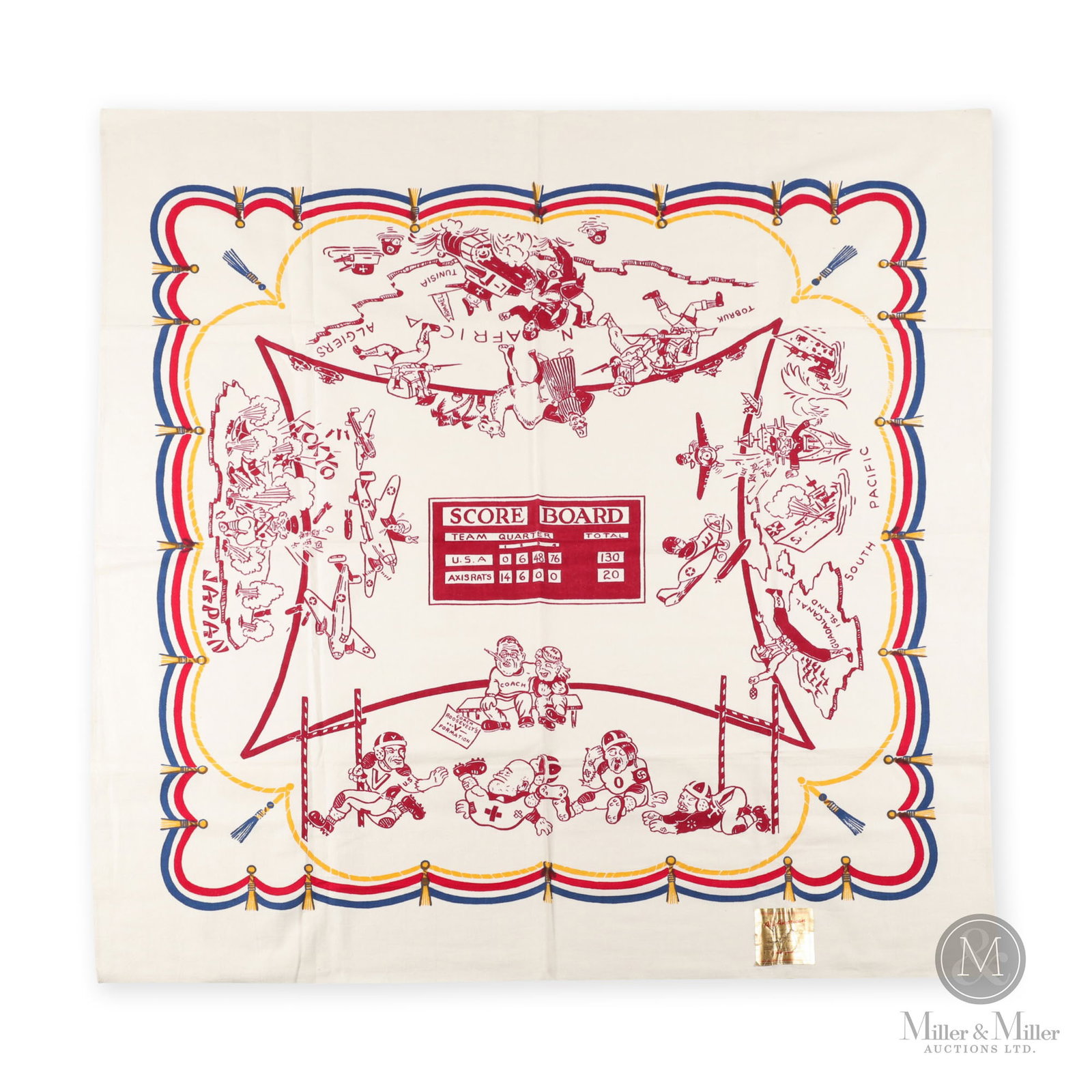 WWII Decorative Satirical Table Cloth: American. 1940s. A rare novelty piece featuring cartoon depictions of F.D.R, Mussolini, Hitler, Rommel and Tojo in football and warfare events of Allied victories in Japan, South Pacific and North Afr
