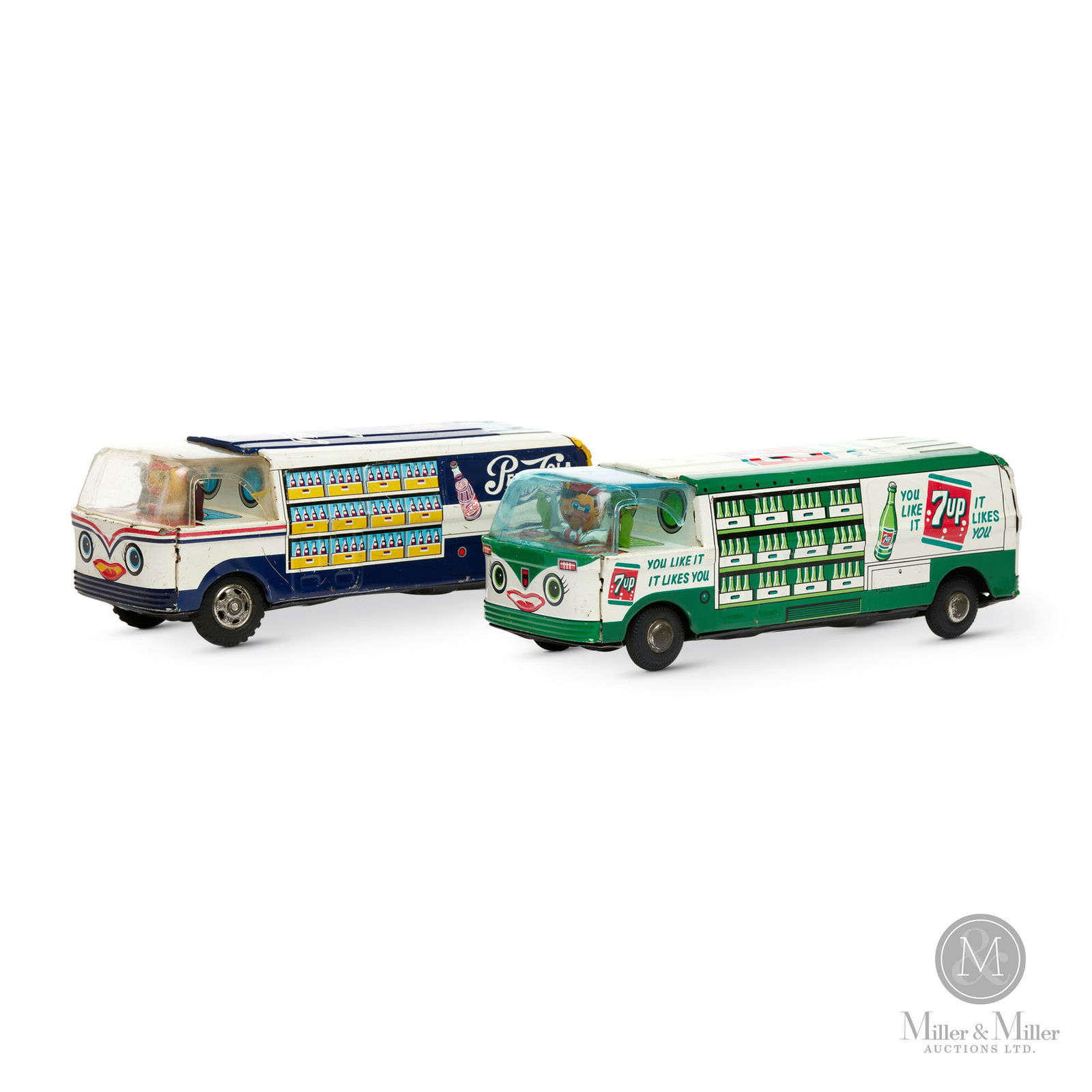 Pepsi-Cola & Seven-Up Delivery Trucks: Japanese. 1960s. Pair of friction toys advertising Pepsi-Cola and 7-up. Marked, "Made in Japan", on back of truck. Size 3.5" x 8.5" x 2.5". Condition Good condition with scratches and scuffs throughou