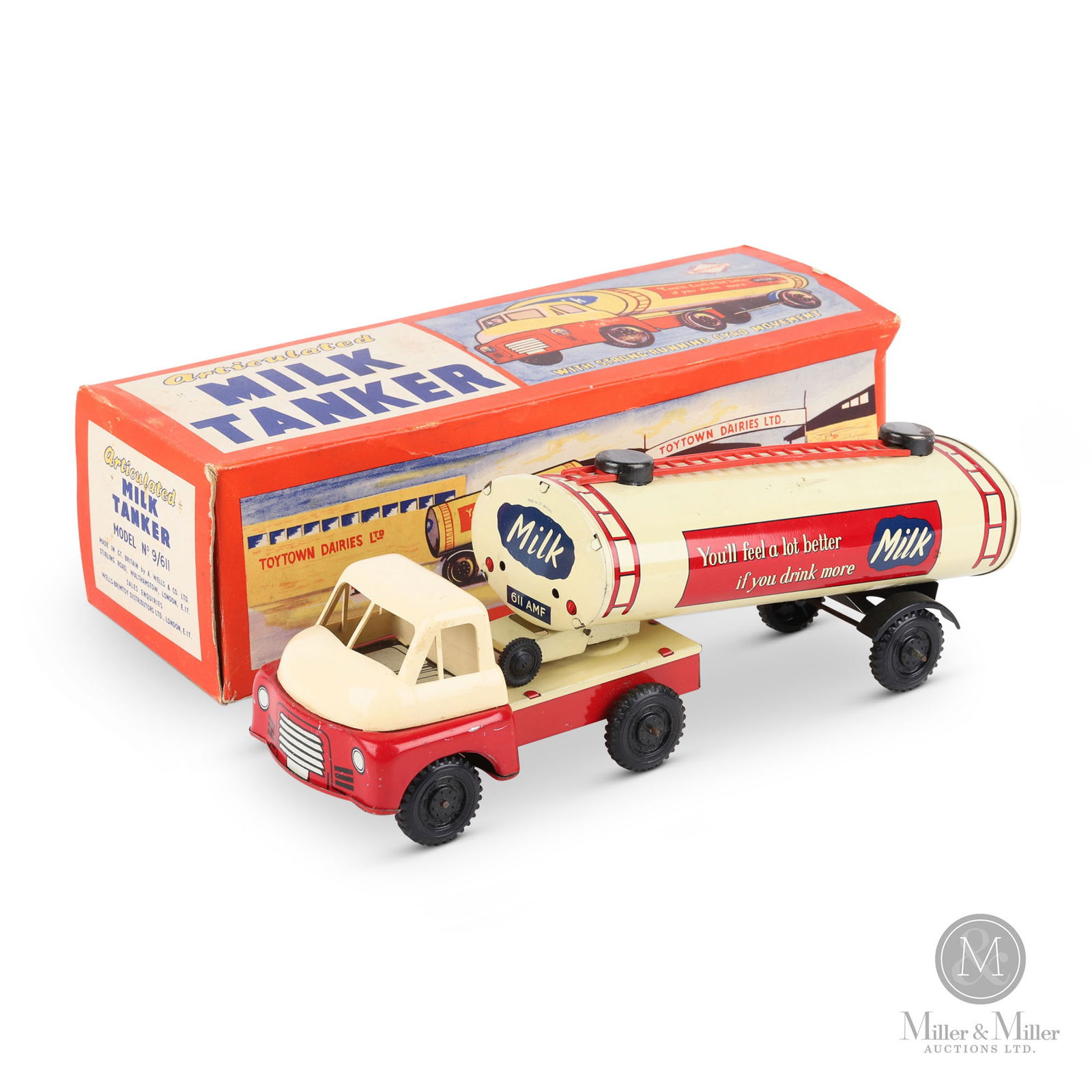 Welsotoys No. 9/611 Articulated Milk Tanker: British. 1950s. Wells and Brimtoy were two British toy manufacturers who merged in 1932 and became Wells-Brimtoy (as shown on the box). Both companies seemed to want to use their old brands after a me