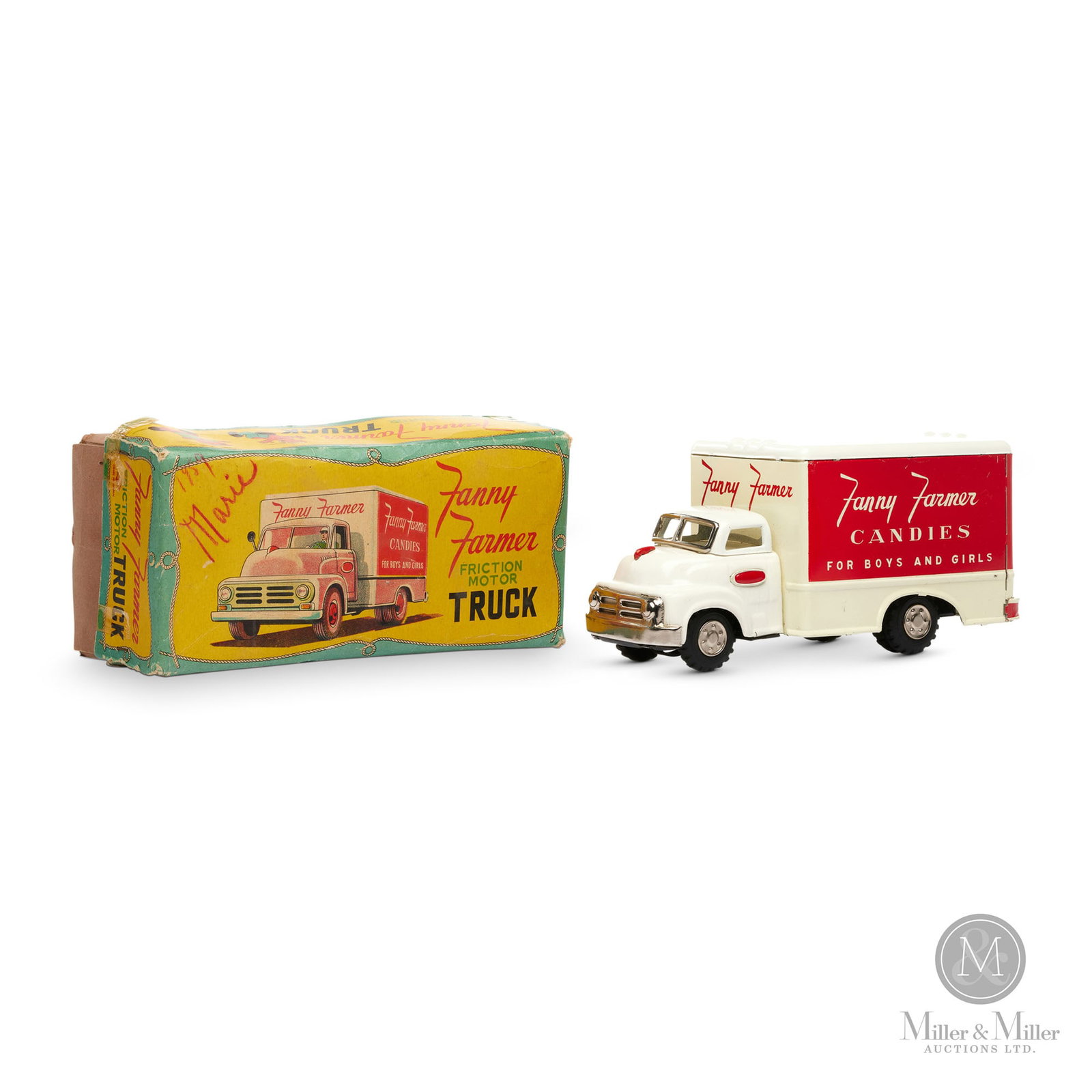 Yoshi, Japan Fanny Farmer Candies Delivery Truck: Japanese. 1950s. A promotional product sold through Fanny Farmer stores. Marked, "Made in Japan", on chassis. Size 4" x 8.25" x 4". Condition Opening rear doors. Tandem rear axle and solid rubber tire