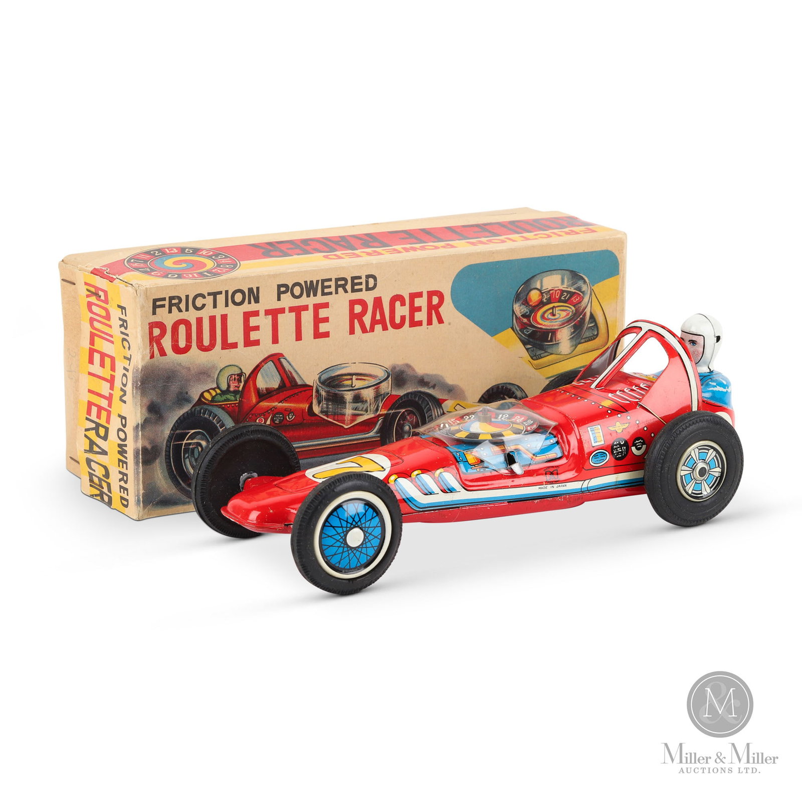 Masuya Friction Roulette Racer: Japanese. 1950s. Marked, on box and driver's side of racer. Size 2.75" x 8" x 3.25". Condition Original box in great condition. Original plastic cover over roulette wheel. Friction tested and working.