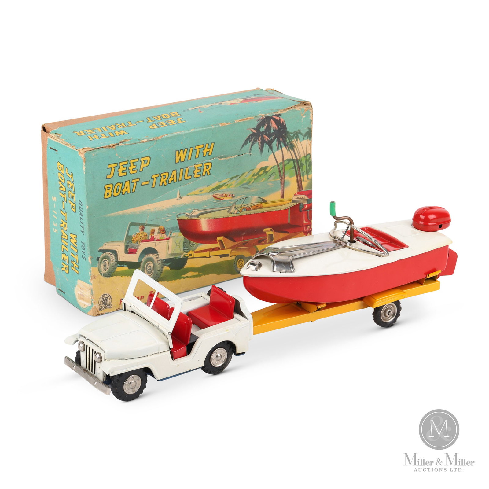 Shioji & Co. S-1135 Jeep with Boat-Trailer: Japanese. 1960s. The "SSS International" marking is the trademark used by Shioji & Co. Marked, "SSS International", on lower left front of box. Stamped, "Japan", on underside of trailer. Marked, "Made