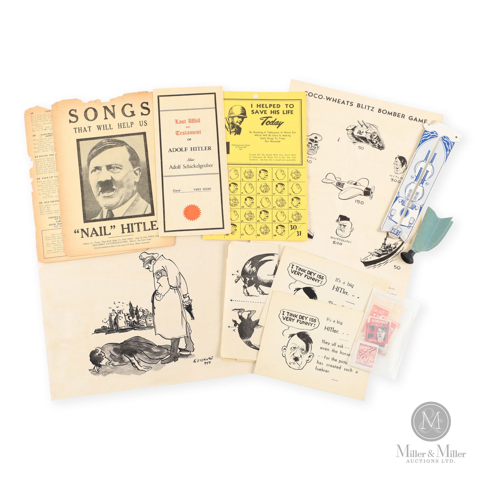 WWII Hitler Propaganda & Ephemera: American. 1941-1945. Includes Coco-Wheats "Blitz Bomber" game, WWII propaganda stamps, Axis game score card, Hitler as a big "Horse's Ass" cards, mock Last Will and Testament of Adolf Hitler, saving a