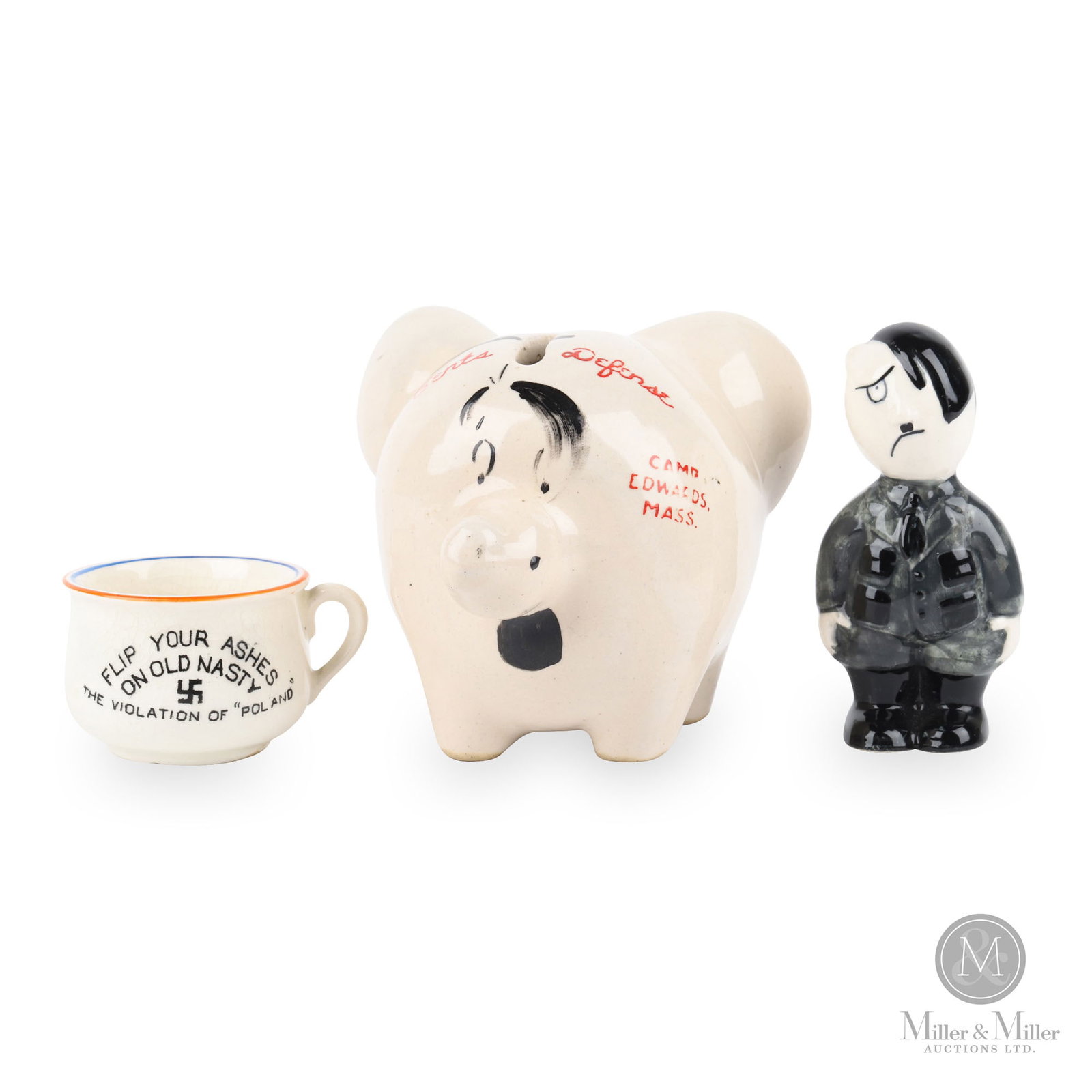 WWII Anti-Hitler Cup, Bank & Figurine: American and British. 1940s. The piggy bank is made in the U.S. and the other 2 items are made in England. Marked, on undersides of all items. Size Chamber pot: 1.5" x 2" Dia. Figurine: 3.5" height. P