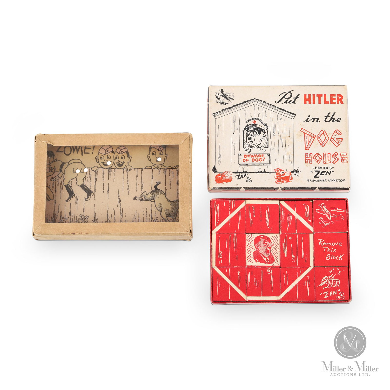 WWII Anti-Hitler Toys: American. 1940s. Includes two games- the first photo shows the "Hitler in the Doghouse" game next to its box lid. Marked, on box lid of Zen game. Size 0.75" x 5" x 3.25" and 0.5" x 4.5" x 3.5". Condit