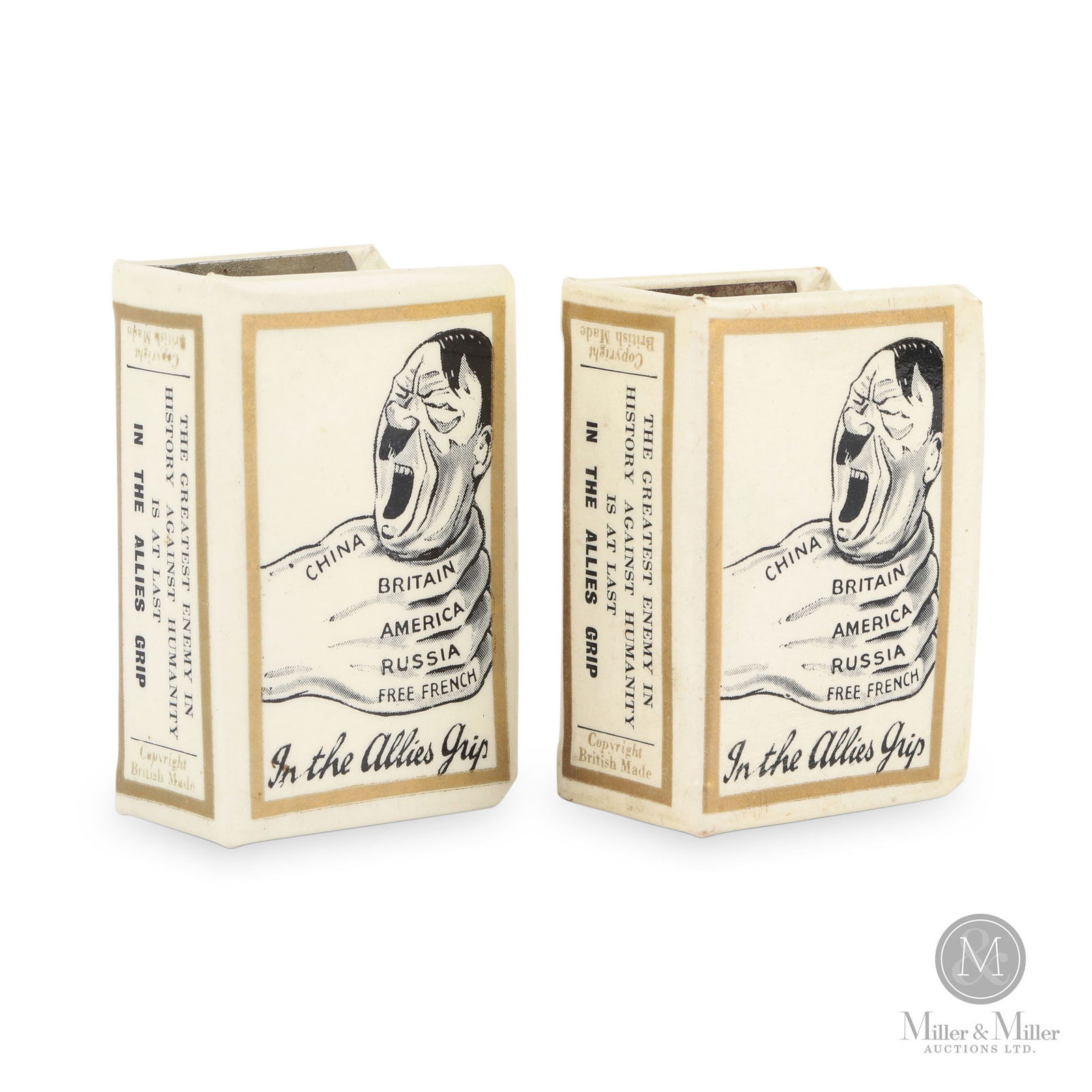 WWII Anti-Axis Matchbox Holders: British. 1940s. These are rare items that are hard to find for either the militaria or tobacciana collector. Marked, on spine of holders. Size 2.5" x 1.5" x 1". Condition Both in excellent condition.