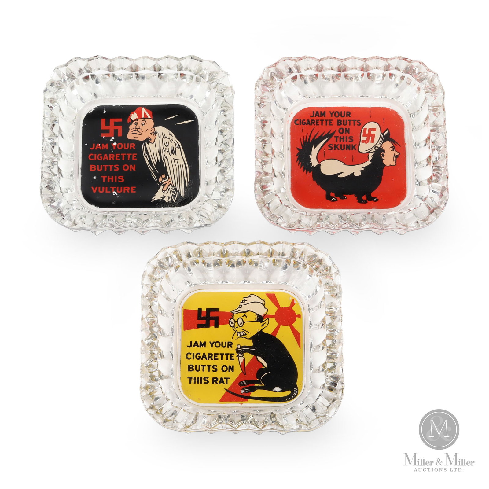Set of WWII Kemper-Thomas Co. "Burn The Axis" Ashtrays: American. 1940s. This is the complete set of "Burn The Axis" propaganda ashtray set. The original box is missing. The ashtrays were aimed at Hirohito (rat), Benito Mussolini (vulture), and Adolf Hitle