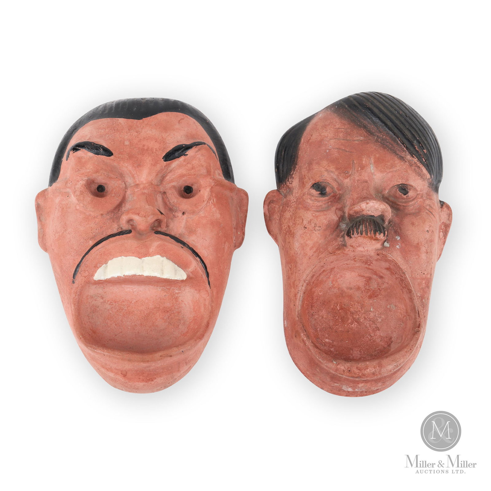 WWII Hitler & Hirohito Figural Ashtrays: American. 1940s. Marked, "Bassons Dummy Products", undersides. Size 2" x 4.5" x 7.5" and 2" x 7" x 5". Condition Hirohito in excellent condition. Both have original labels on undersides. Hitler shows 