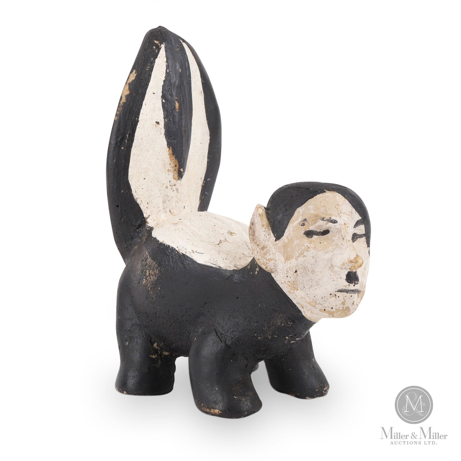 WWII Anti-Hitler Skunk Figural Paperweight: American. 1940s. These were sold in department stores and novelty shops during the war and were referred to as "Der Phew-Ur" (no kidding). Size 5.25" x 5.5" x 2.5". Condition Areas of surface loss on 