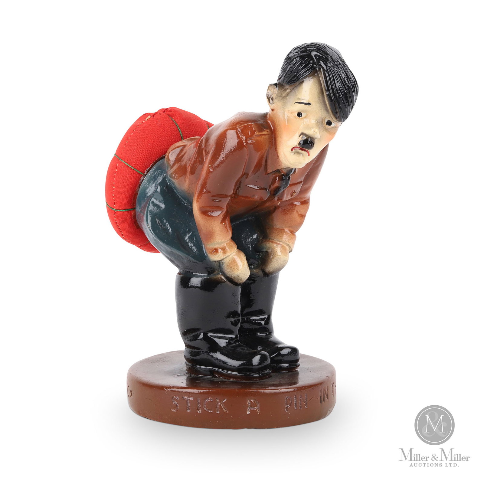 WWII "Stick a Pin in the Axis" Anti-Hitler Pincushion: American. 1940s. A novelty figure, made by the Mason Co., with Hitler's buttocks covered in red fabric- a perfect place to "stick it" to him. Marked, "Mason Co.", with maker's mark around base. Size 6