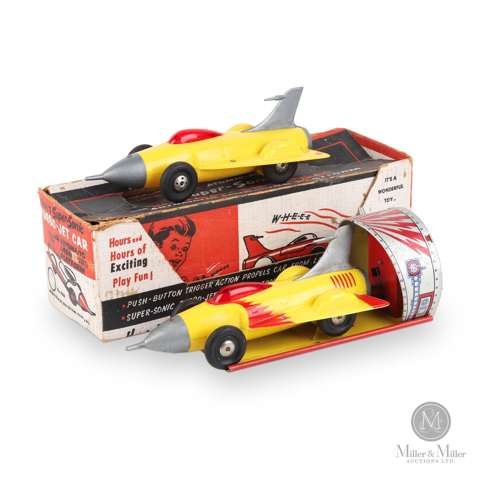 Ideal No. 4867 Turbo-Jet Cars: American. 1950s. Marked, on box and rounded side of launcher. Size 4.5" x 13.5" x 5.5". Condition Comes with original box plus an additional car. Toys are yellow plastic with rubber tires. Tin lithogr