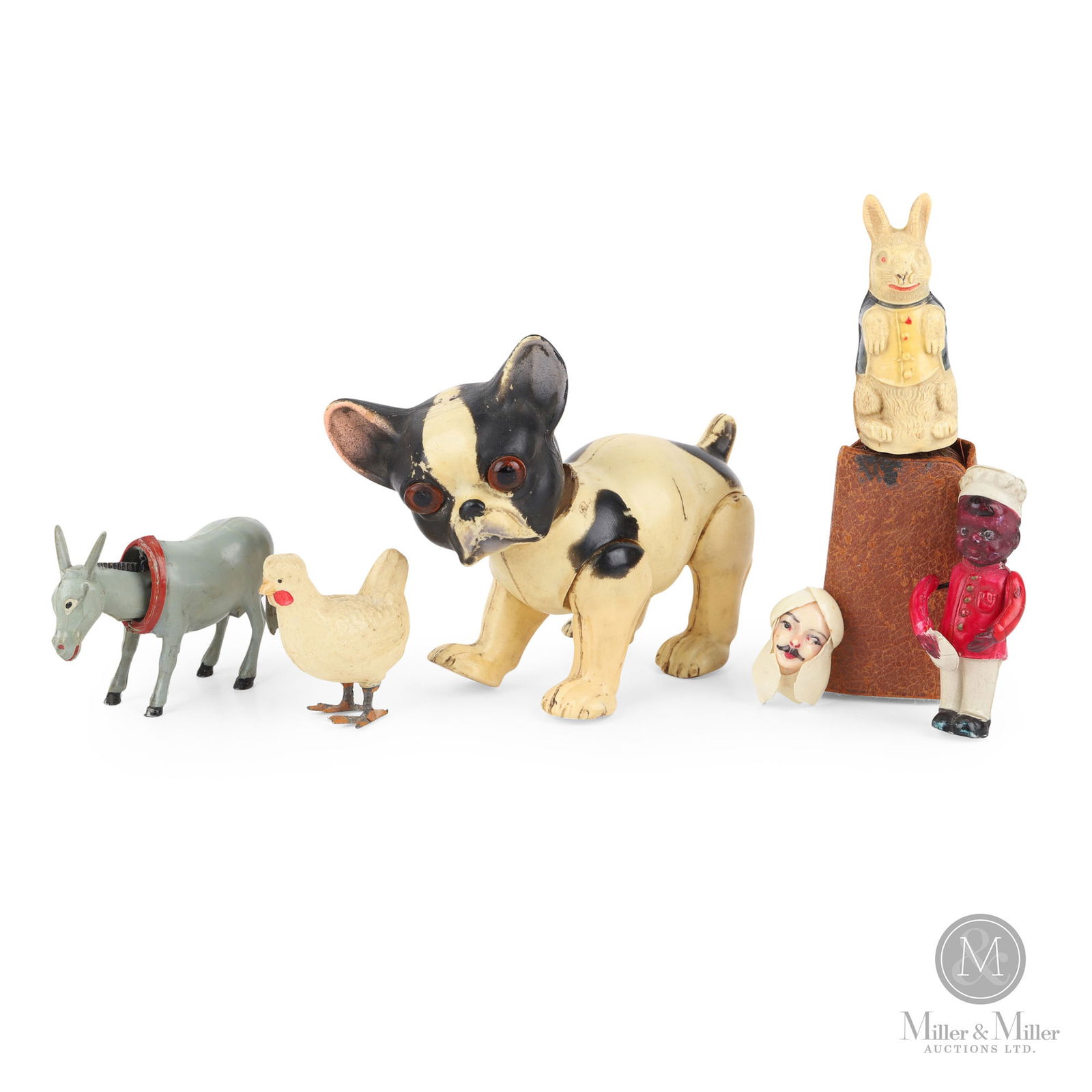 Animal & Human Themed Childrens Toy Pieces, Pin & Brush: Japanese and German. 1940s/1950s. A selection of 4 children's toys including a donkey with a moving head, a chicken, an articulating bulldog and an articulating bellhop. The rabbit figure is a brush a