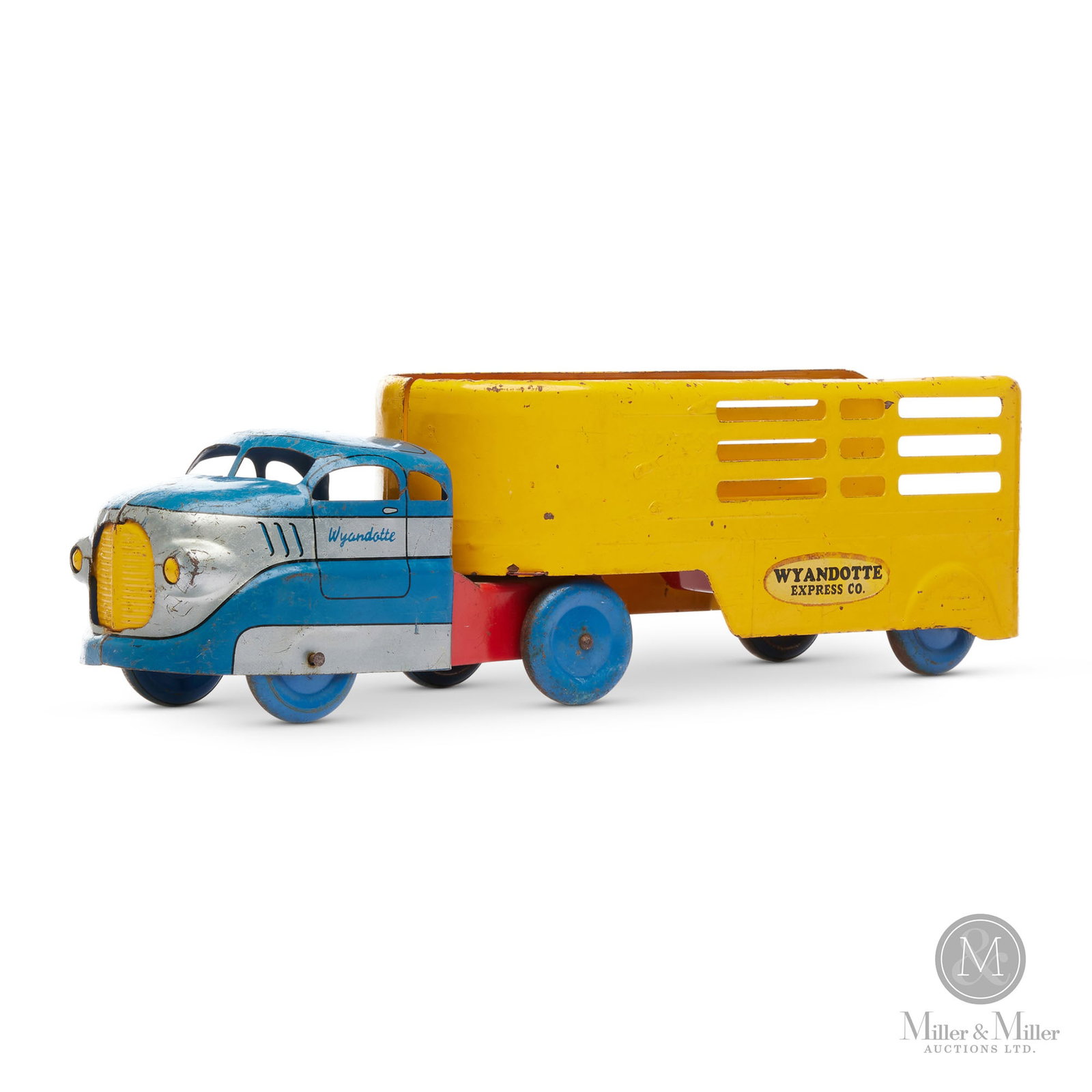 Wyandotte Express Co. Stake Back Semi-Trailer: American. 1940s/1950s. Wyandotte Toys was the brand name used by the "All Metal Products Co. to produce inexpensive pressed steel toys. The company was based in Wyandotte, Michigan. Marked, on side of