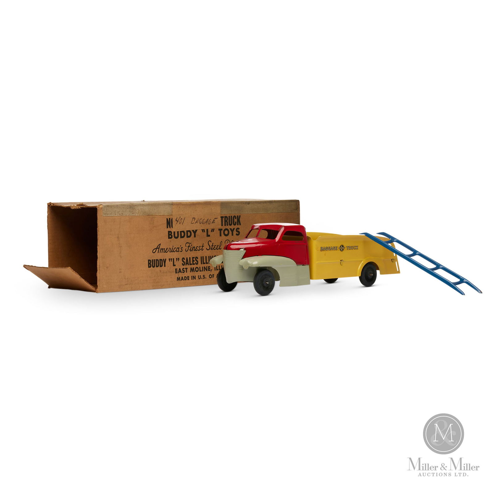 Buddy 'L' No. 401 Baggage Truck: American. 1940s. Buddy L was made by the Moline Pressed Steel Company in Illinois. The founder (Fred Lundahl) wanted to make toys that were new, different, and durable for his son Arthur (nicknamed "B