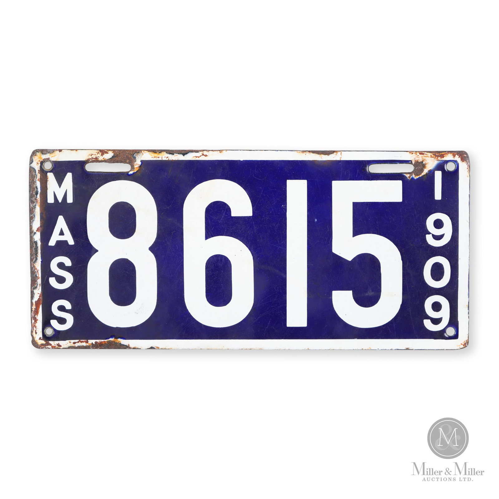 Massachusetts 1909 License Plate: 1909. Single-sided porcelain (SSP). Range: 1 to approximately 24,000. 5.5" x 12". From the late John (Don) Ferguson Collection.