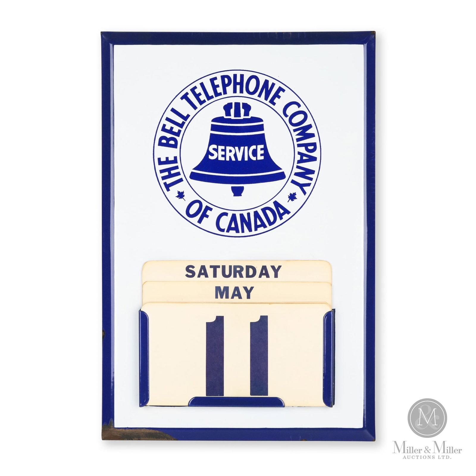Bell Telephone Co. of Canada Office Calendar: Canadian. 1940s. Single-sided porcelain (SSP). Screened cardboard calendar cards. 17" x 11.5" x 1". From a Private Quebec Collection.