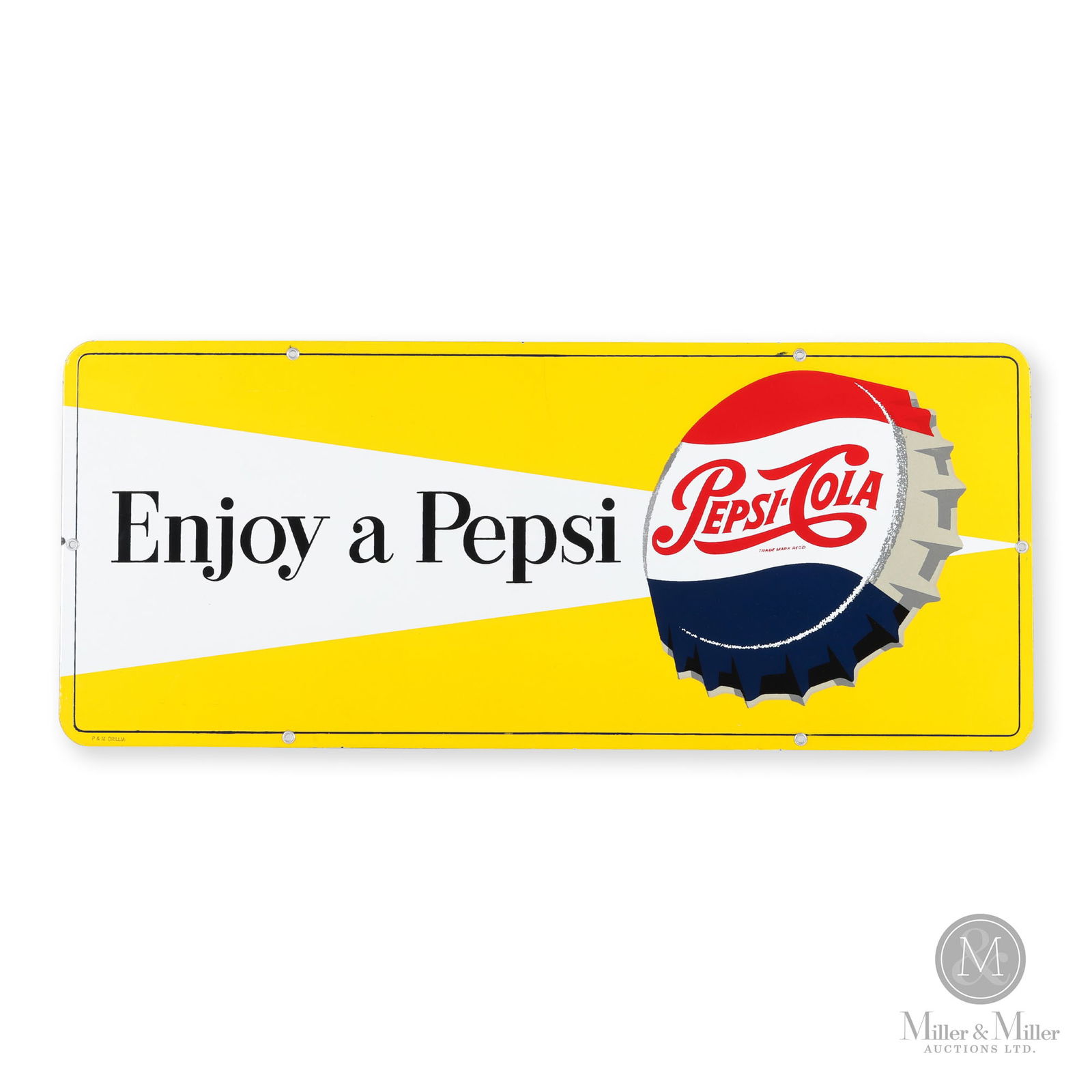 Pepsi-Cola Door Kick Sign: Canadian. 1950s. Single-sided porcelain (SSP). Marked, "P&M Orillia", lower left edge. 12.25" x 29.25".