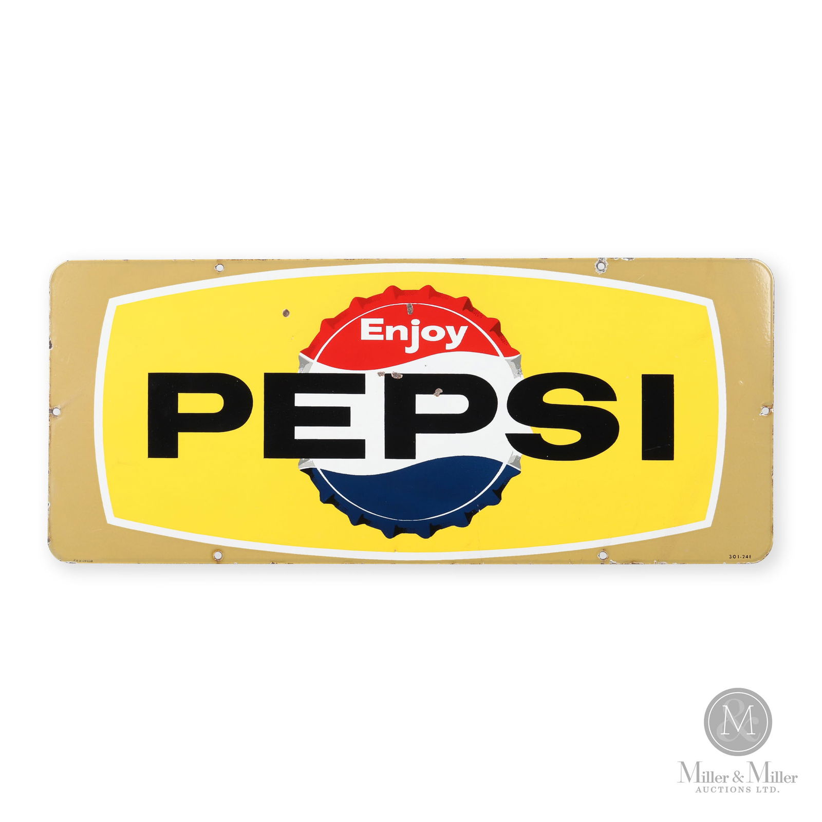 Pepsi-Cola Door Kick Plate Sign: Canadian. 1950s. Single-sided porcelain (SSP). Marked, "P&M Orillia", lower left edge and lower right edge. 12.25" x 29.25".