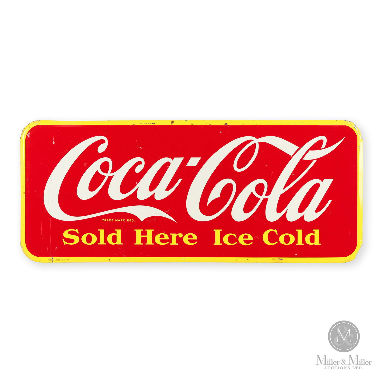 Coca-Cola Door Kick Plate Sign: Canadian. 1940s. Single-sided tin (SST). Marked, "Made in Canada- 1947 ST-T" (St. Thomas Metal Signs Ltd. St. Thomas Ont.), lower left edge. 12.25" x 29.25".