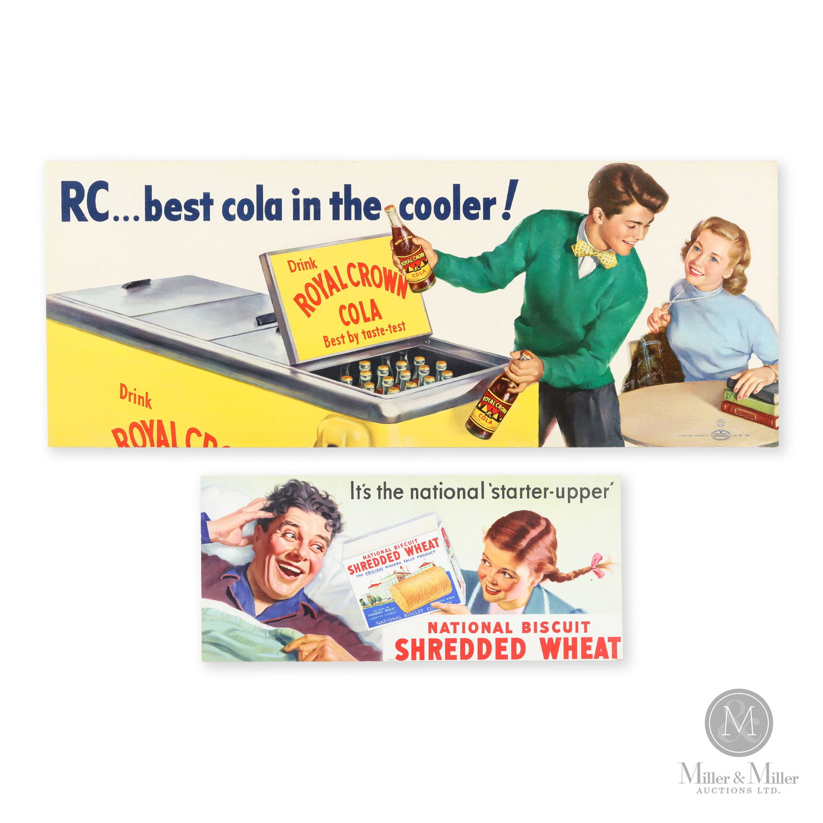 Royal Crown Cola & Nabisco Trolley Card Signs: American. 1930s. Lithographed paper. Marked, "Nehi Corp., Columbus, GA, CC No. 154", lower left of RC Cola. Marked, "SW.39-1 - Litho in USA", lower left of Nabisco. RC: 11" x 28". Nabisco: 7" x 16". F