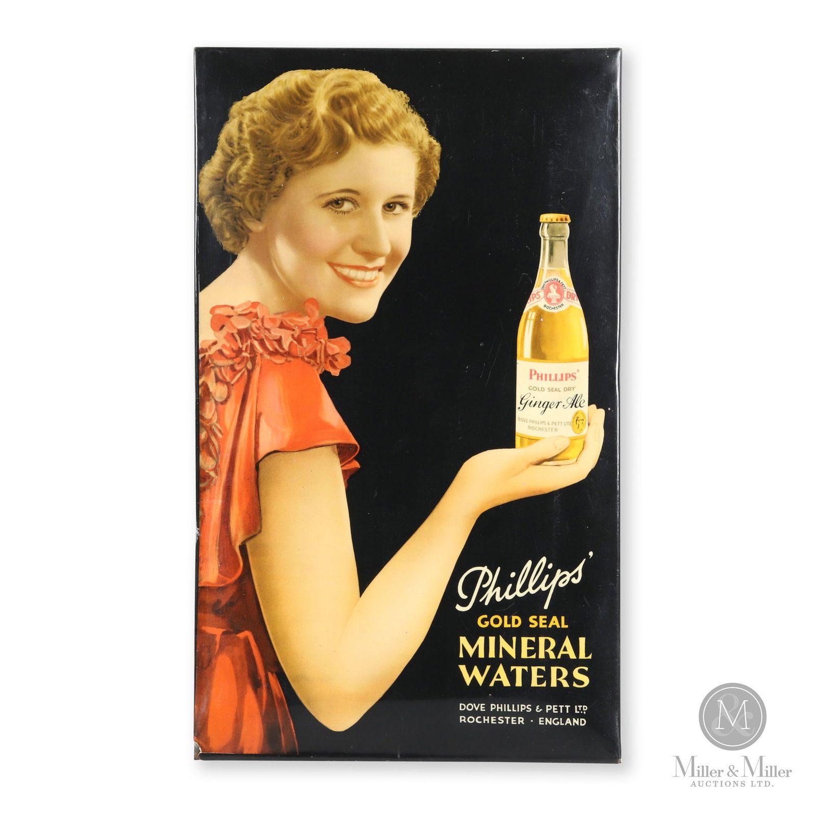 Phillips' Gold Seal Mineral Waters Easel Back Poster: British. 1960s. Celluloid over cardboard. Marked, "Rochester, England" 17" x 10.5" x 0.5". From the late John (Don) Ferguson Collection.
