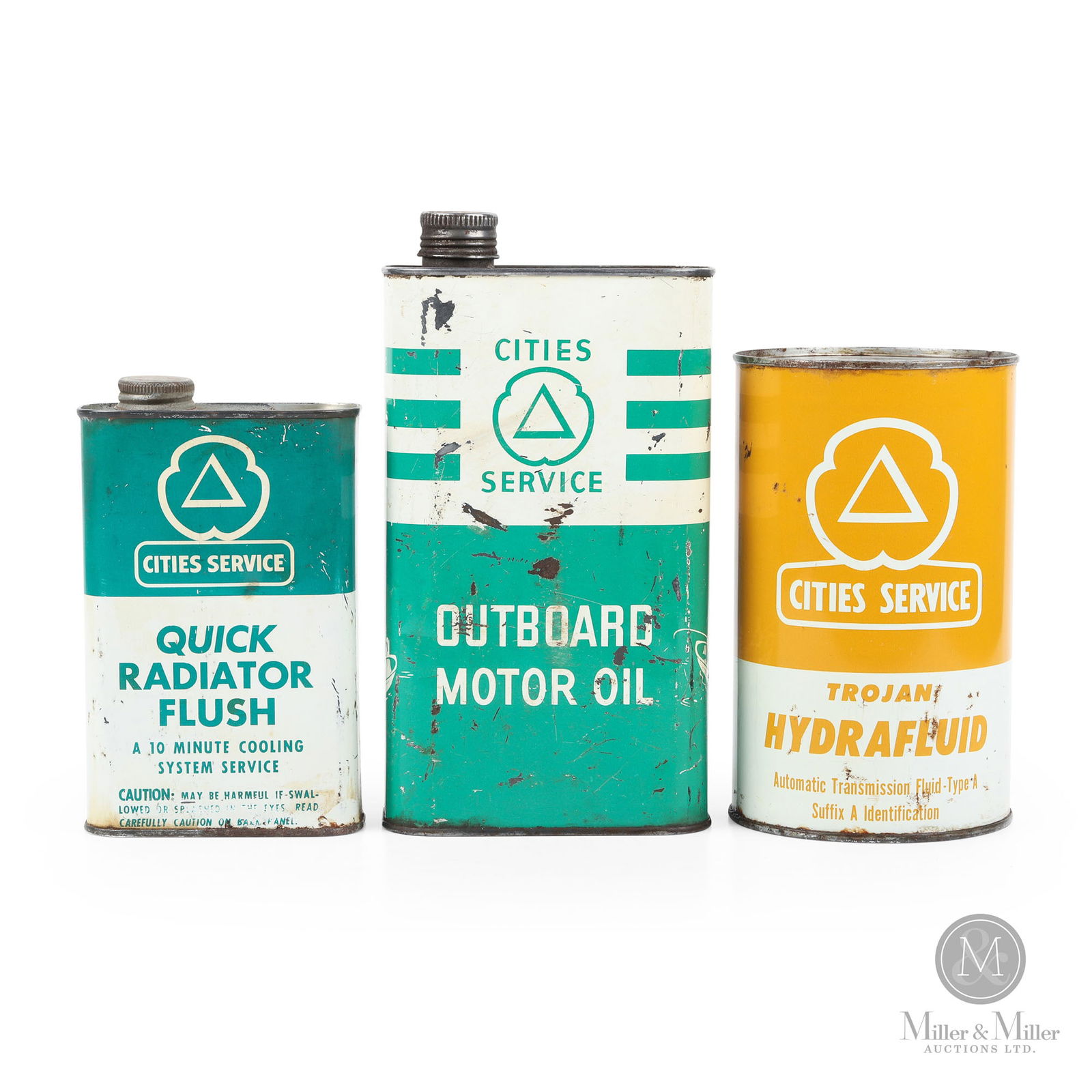 Cities Service Hydrafluid, Rad Flush & Outboard Motor Oil Tins (1 of 9)