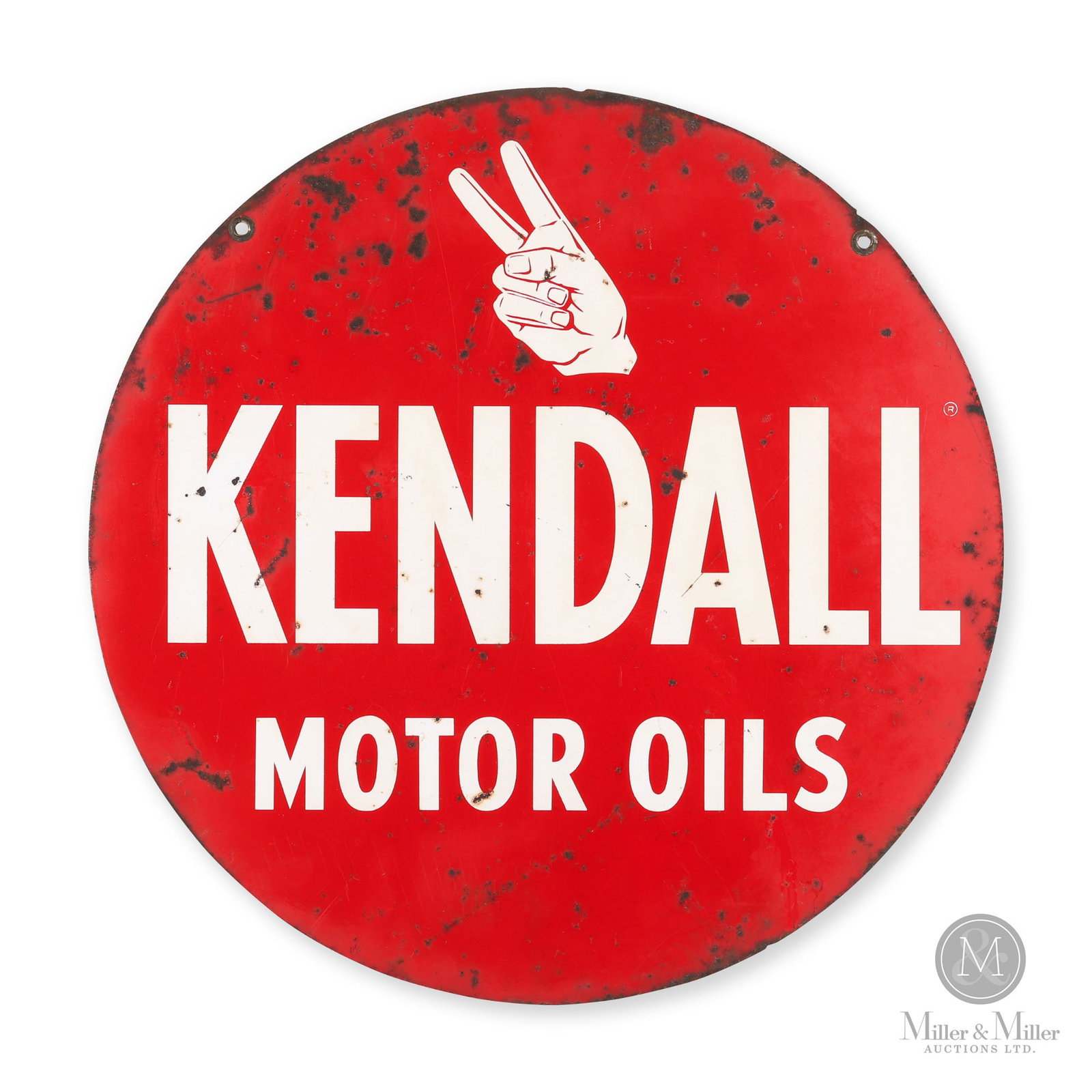 Kendall Motor Oils Sign: American. 1960s. Double-sided painted steel (DSPS). Features the famous “2000 mile motor oil” hand logo. 24" Dia.