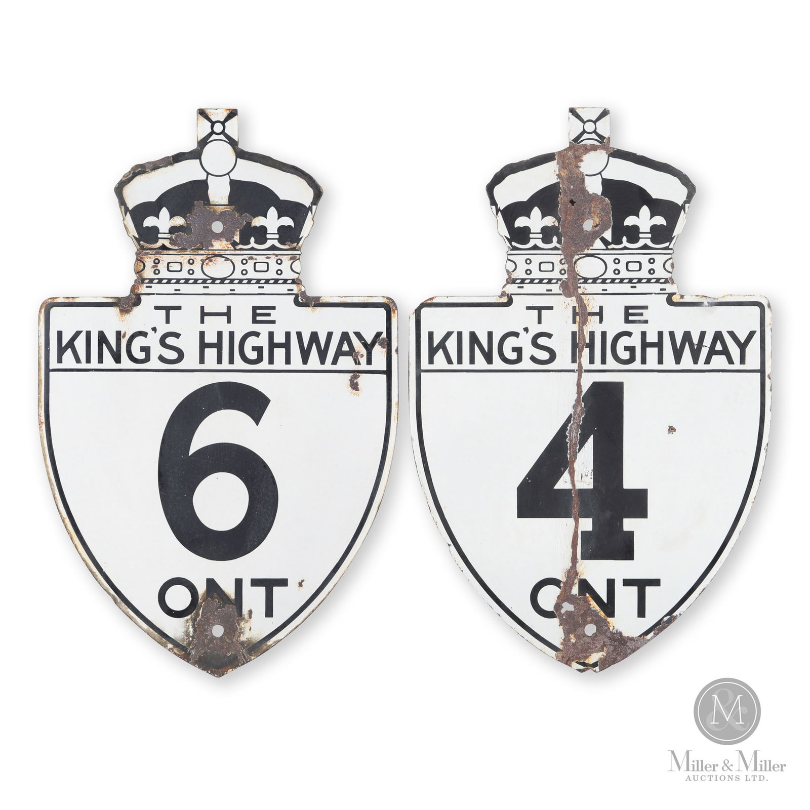 Ontario King's Highway 4 & 6 Signs: Canadian. 1930s. Single-sided porcelain (SSP). Highway 6: Bruce Peninsula and Tobermory. Highway 4: Saint Thomas and London. Each: 19" x 12".