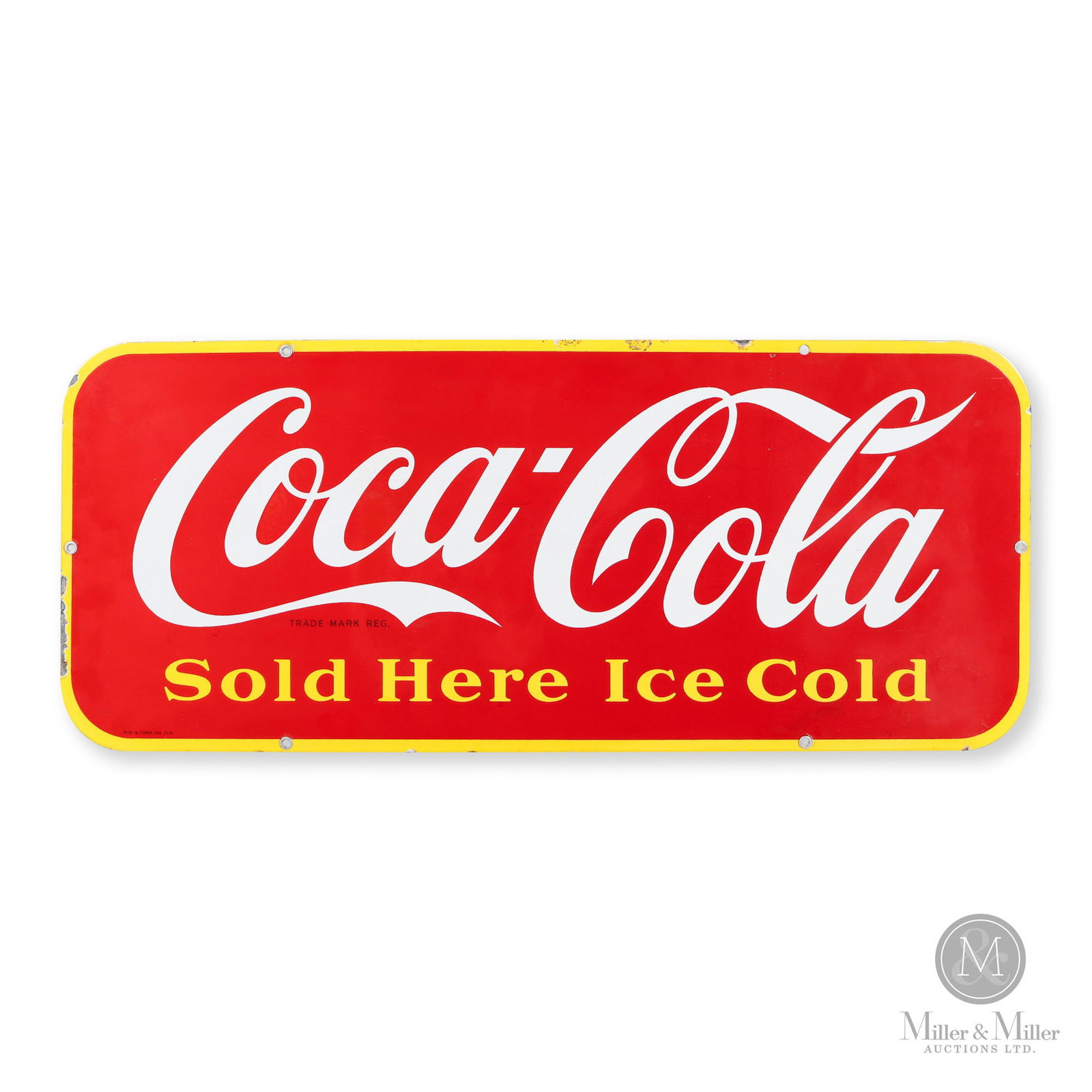 Coca-Cola Door Kick Plate Sign: Canadian. 1940s. Single-sided porcelain (SSP). Sold here ice cold. Marked, lower left. 12" x 29.25".