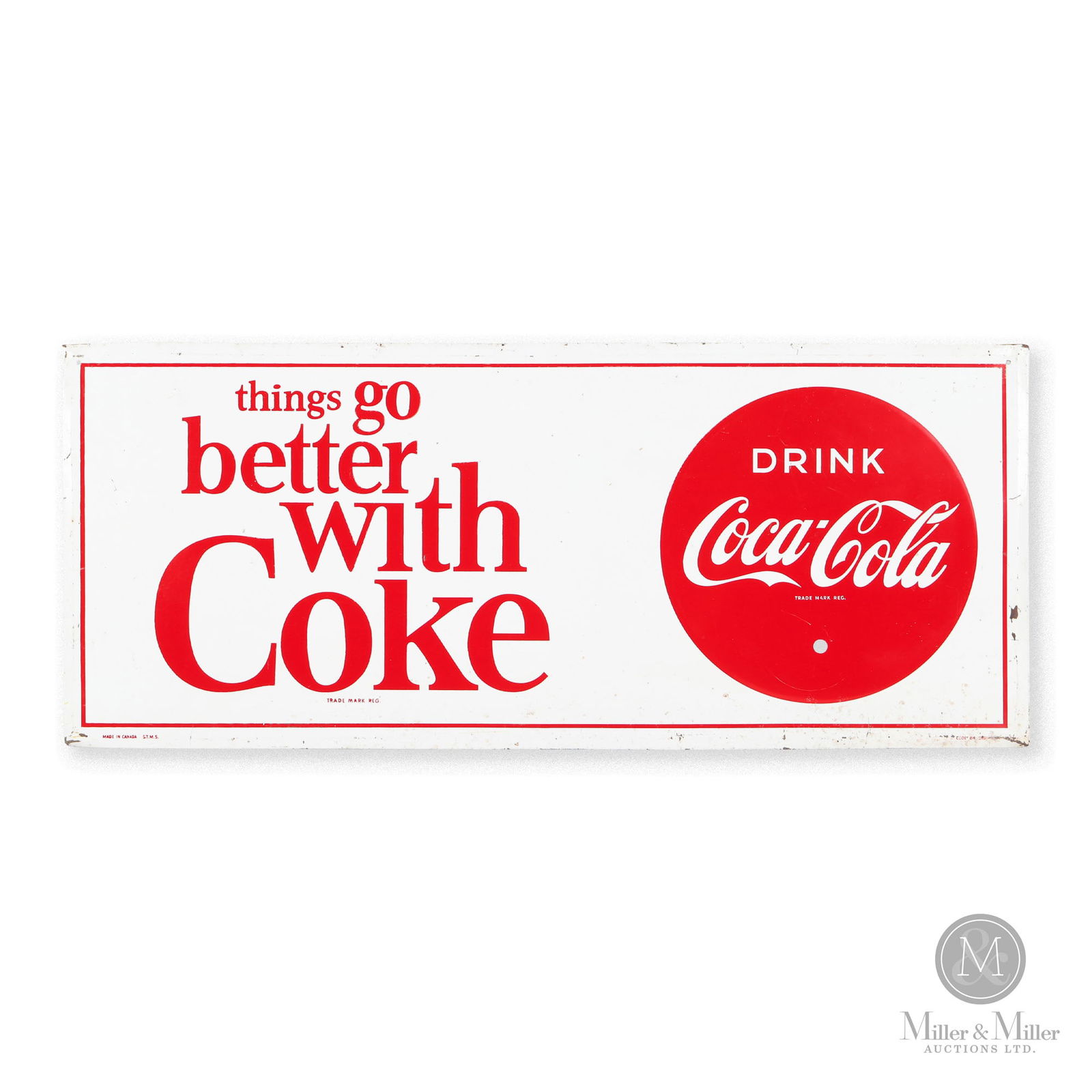Coca-Cola "Things Go Better With Coke" Door Kick Sign: Canadian. 1964. Single-sided tin (SST). Marked, "Made in Canada S.T.M.S", lower left. Marked, "Code 64-015", right edge. 12.25" x 29.25". From a Private Toronto Collection.