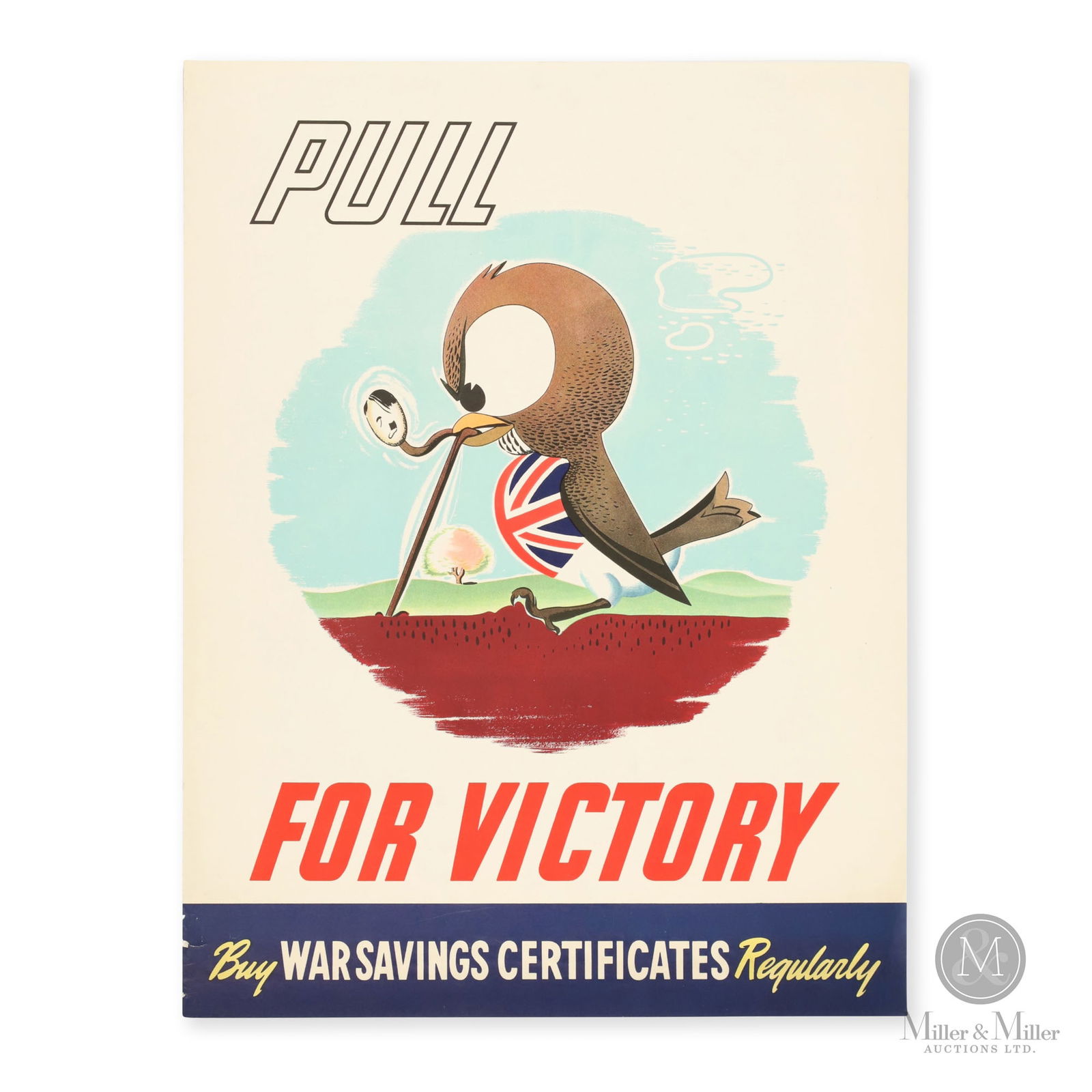 Anti-Hitler "Pull for Victory" WW2 Poster: British. 1939-1945. Lithograph on paper. A great war propaganda poster depicting a bird with a British flag and a worm with Hitler's face. Used to encourage citizens to buy war savings certificates on