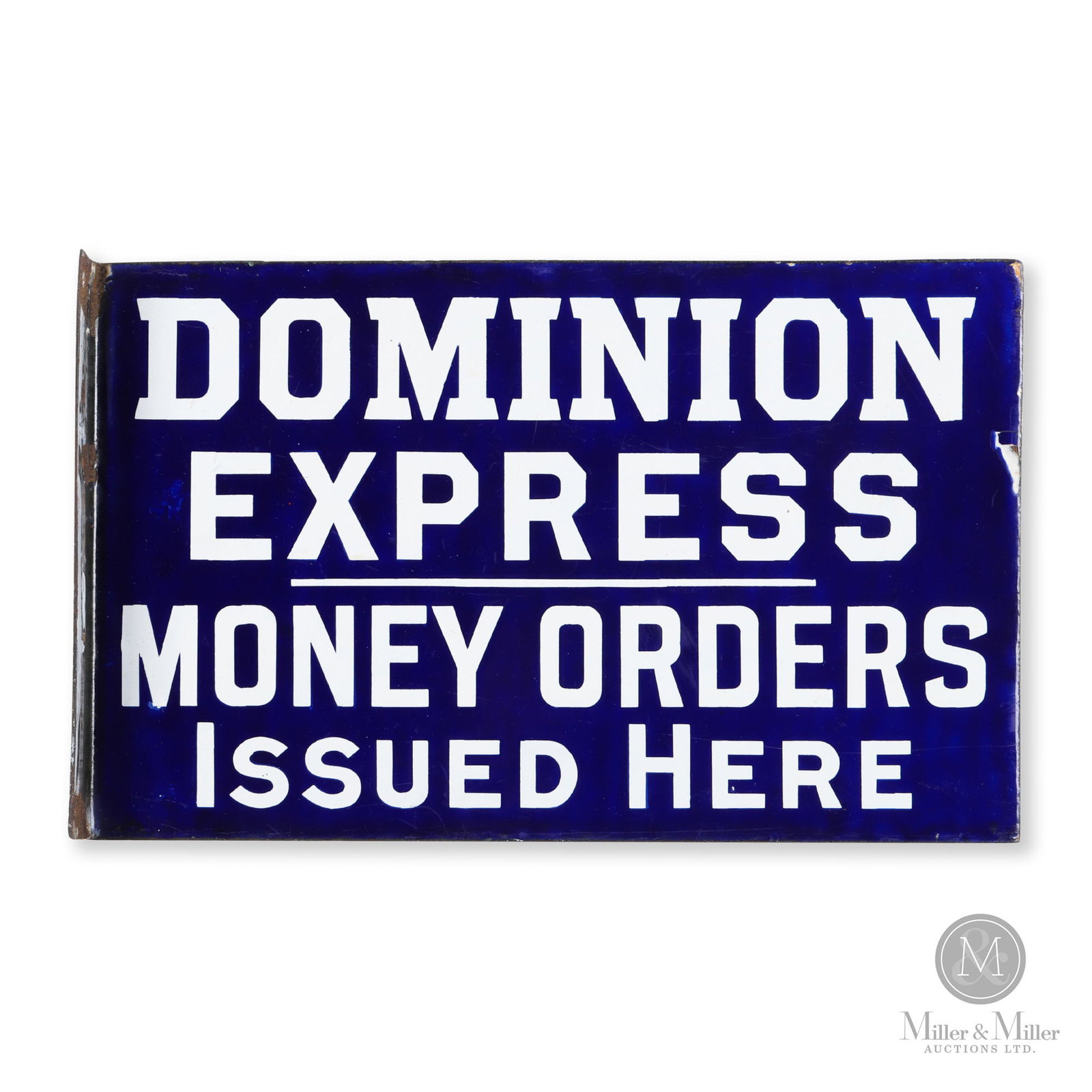Dominion Express Money Orders Flange Sign: Canadian. 1920s. Double-sided porcelain- flange (DSP). 10" x 16" x 1.5".