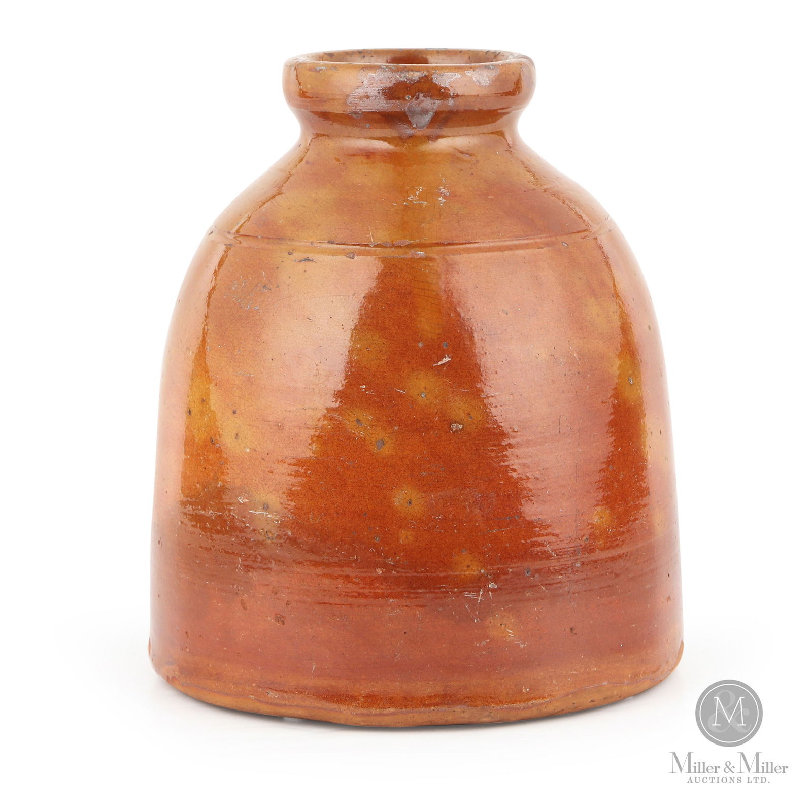 Ontario Redware Jar: Ontario. 1870s-1880s. Earthenware. Nice beehive form with mottled reddish-orange and yellow glaze. About 1/2 to 3/4 gallon size. 9" x 6.5" Dia. From the Jon Church Collection.