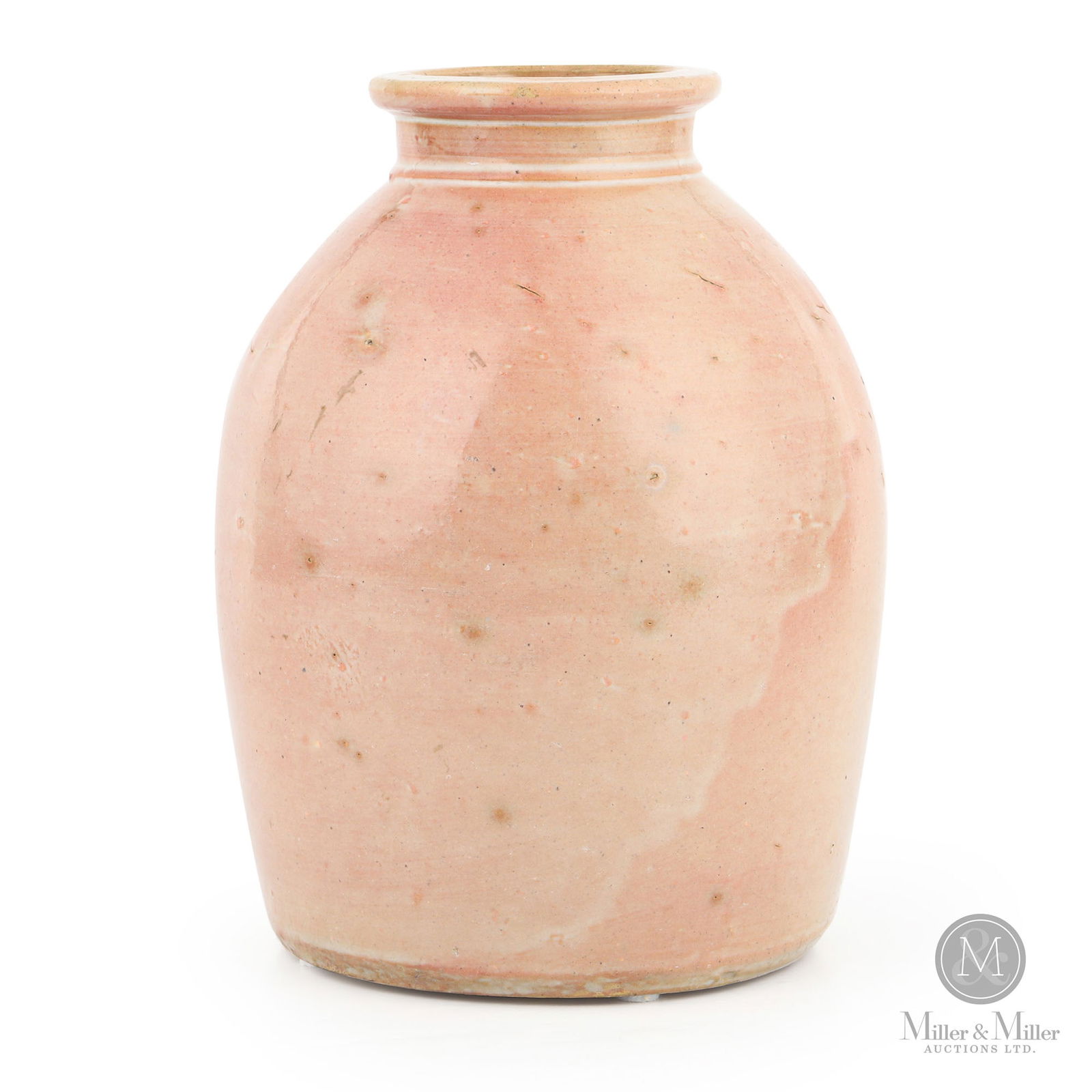 Ontario Half-Gallon Redware Jar With Pink Glaze: Ontario. 1860s-1880s. Earthenware. A very beautiful little jar with subtle light green and pink tones. Possibly Burns/Holmesville. 8.5" x 6" Dia. From the Jon Church Collection.