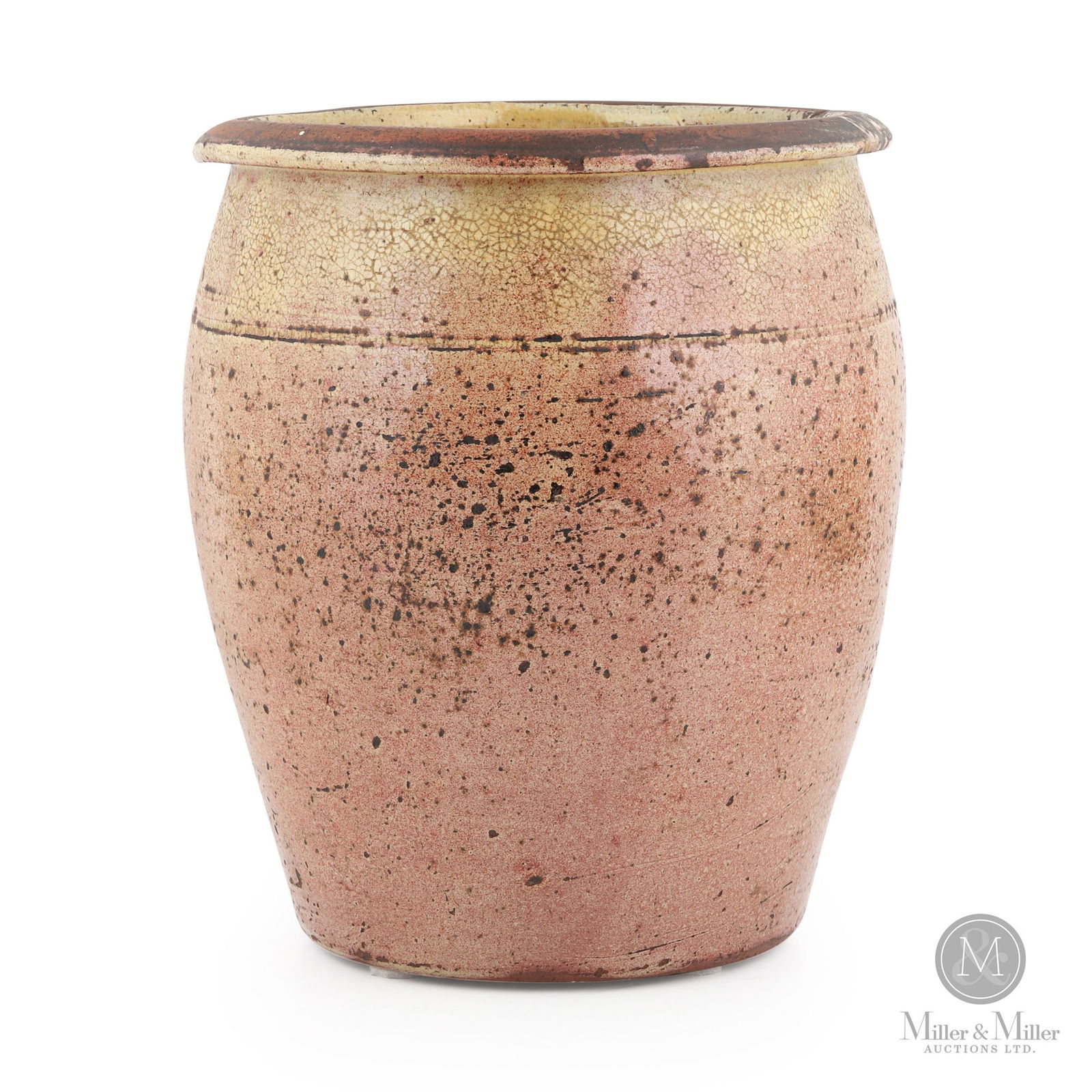 Large Redware Open Crock: Ontario. 1860s-1870s. Earthenware. A great form and glaze with this crock with its flared rim and the way it tapers towards the bottom. Heavy crazing adds to its appeal. Opinions vary on attribution b