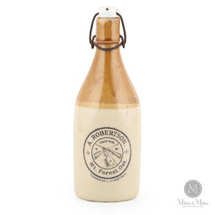 A. Robertson, Mount Forest Ginger Beer Bottle: Mount Forest, Ontario. 1893-1919. Bristol-glazed stoneware. Alexander Robertson was listed in Mount Forest as a manufacturer of soda water, aerated waters and pop as a sole proprietor from 1893 to 191