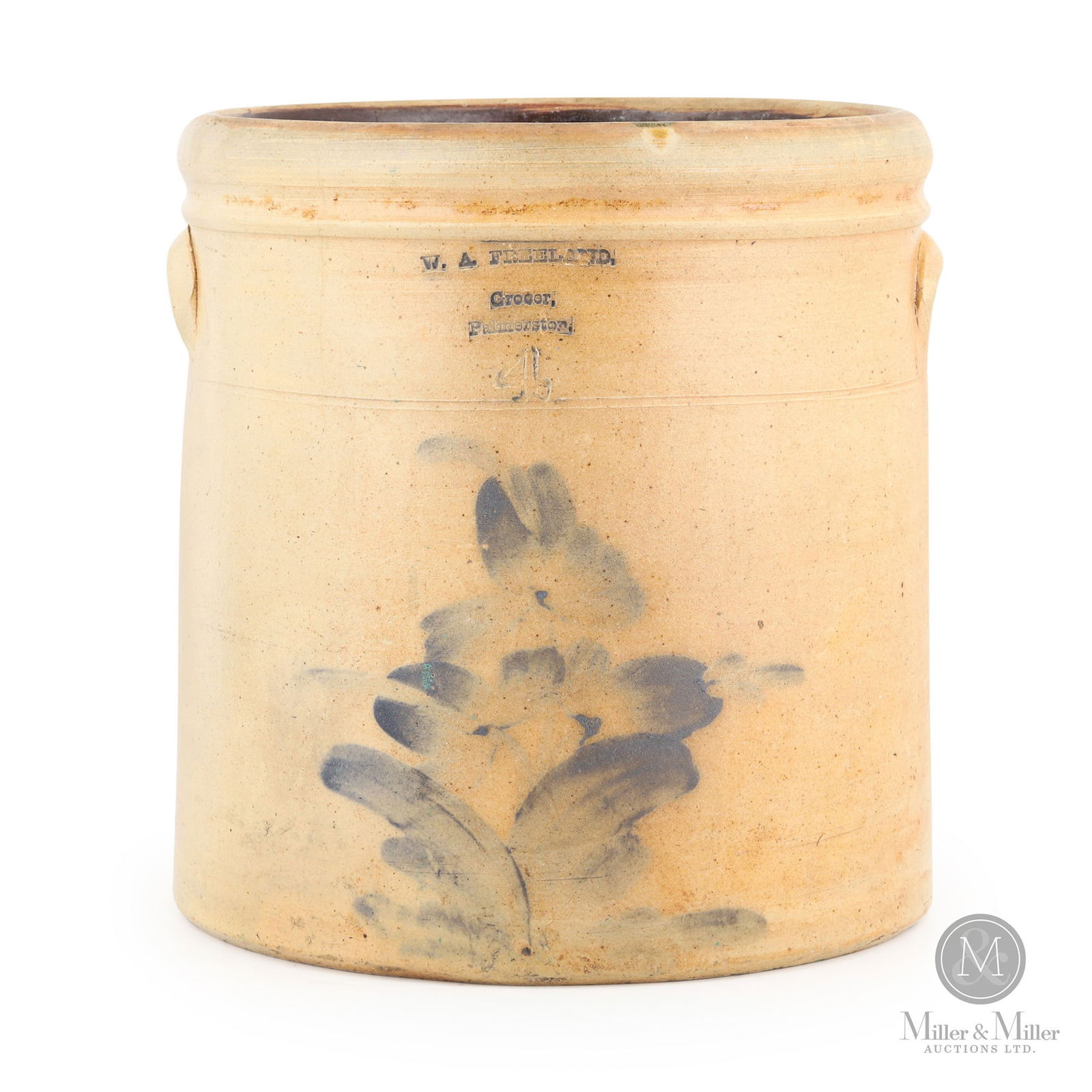 W.A. Freeland, Palmerston 4-Gallon Decorated Merchant Crock: Palmerston, Ontario. Late 1880s. Salt-glazed stoneware. William Allen Freeland was noted in directories as a dealer in staple and fancy groceries for about 7 years from 1884 until 1891. His store was