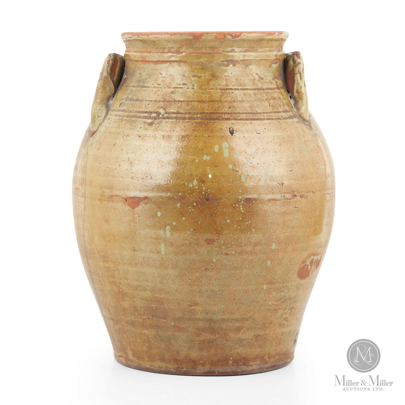 Early American Semi-Ovoid Redware Jar: American, likely New York State. 1820s-1840s. Earthenware. An exciting recent discovery of this early American double-handled redware jar in an 1860s homestead in southern Ontario. Noted Massachusetts
