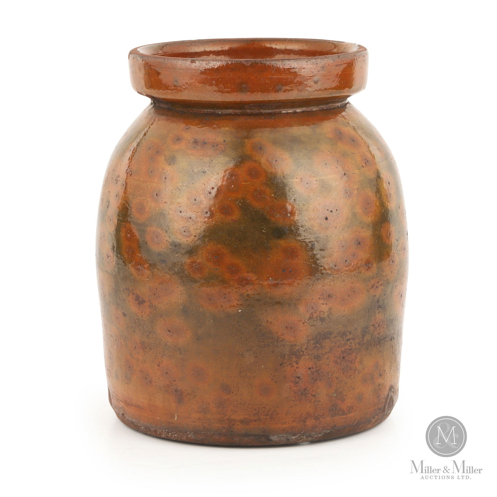 Ontario Redware Jar With Green/Orange Mottled Glaze: Ontario. 1870s-1880s. Earthenware. Terrific redware jar with vibrant green and orange mottled glaze. Ex-Cameron collection. 8" x 6.25" Dia. From the Jon Church Collection.