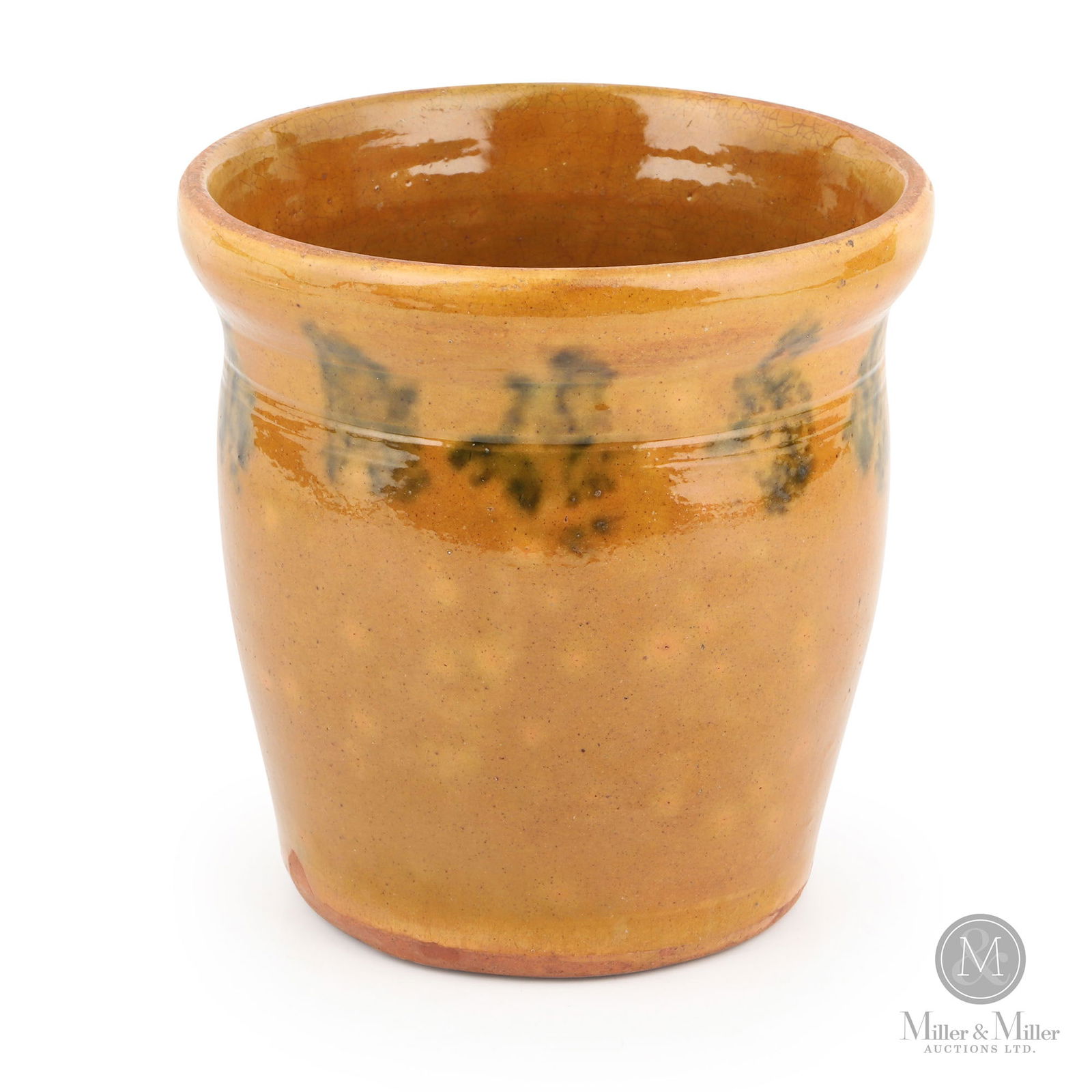 Ontario Sponge Decorated Redware Crock: Ontario. 1860s-1880s. Earthenware. Fabulous and scarce quarter-gallon-sized crock with sponge-applied green (copper oxide) decoration around the entire perimeter. 7" x 6.75" Dia. From the Jon Church C