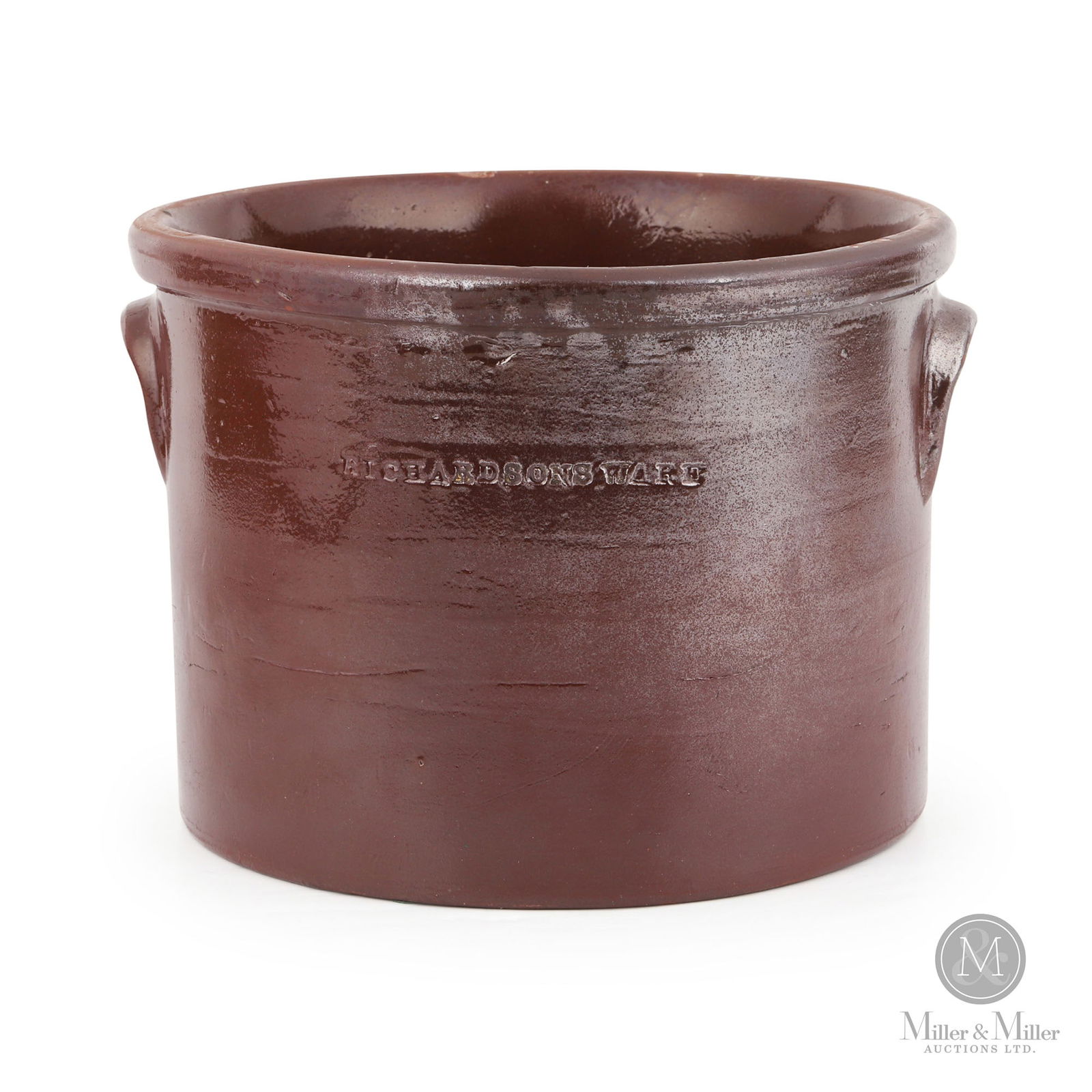 Signed Richardsons Ware Redware Crock: Kerwood, Ontario. 1860s-1880s. Earthenware. A lovely open crock with clear lead glaze over a deep red clay body with fine lug handles, marked on both sides. A great example from John Richardson's busi