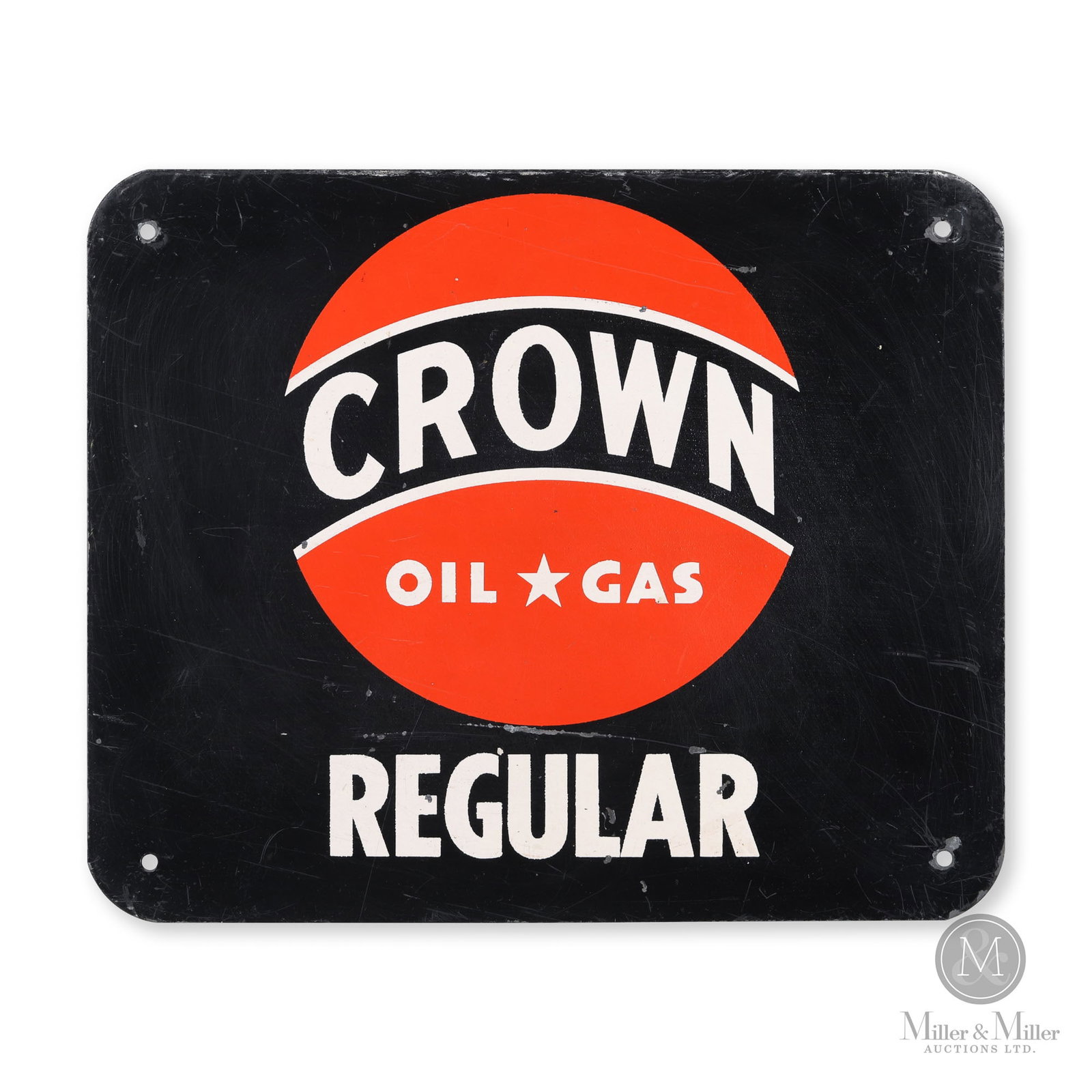 Crown Oil & Gas Regular Pump Sign: American. 1950s. Single-sided steel (SSS). 9" x 11". From the Ken and Sylvia McGee Collection.
