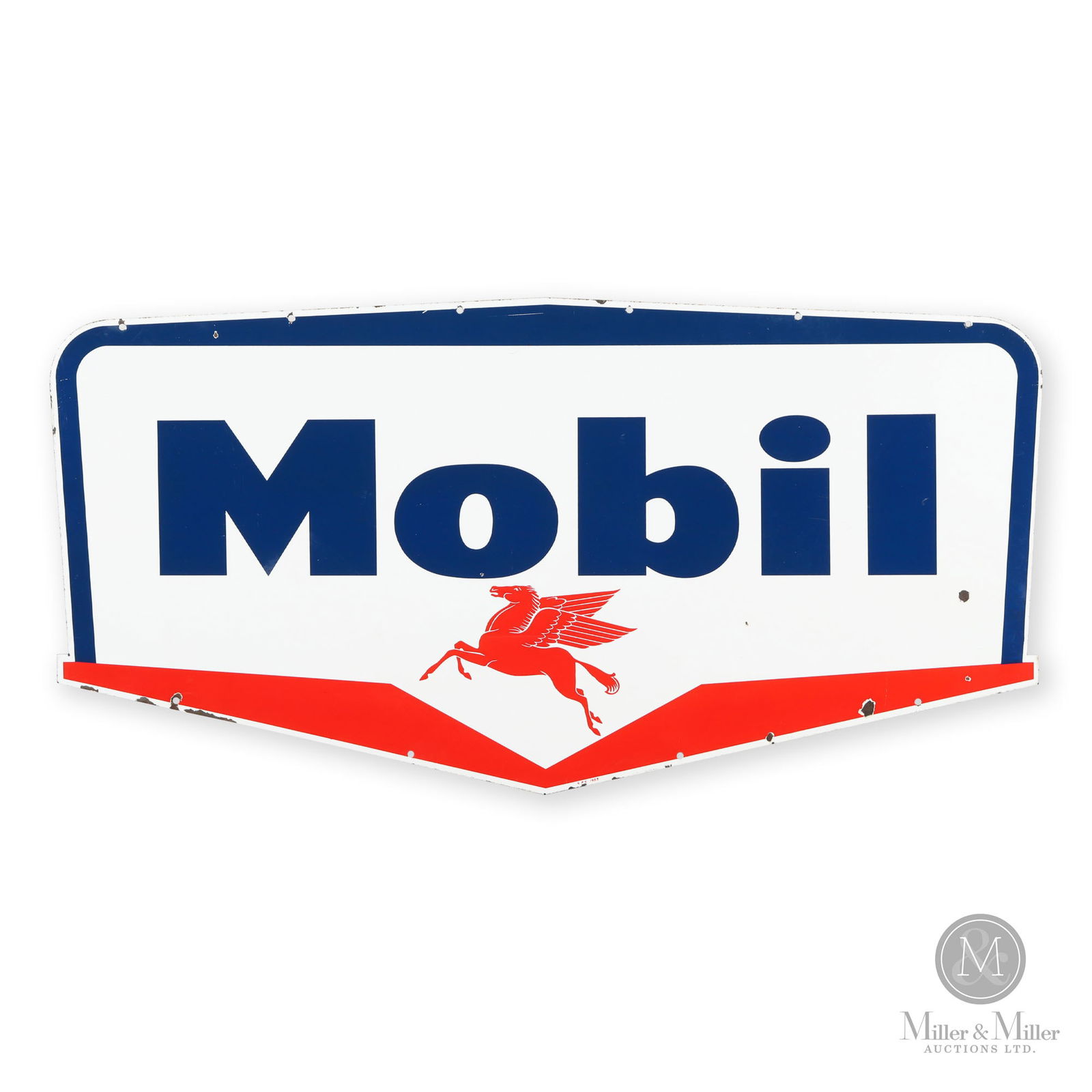 Mobil Gasoline 1959 Pegasus Sign: American. 1959. Double-sided porcelain (DSP). Marked, "SPS-1959", lower edge. 29.5" x 58.25".