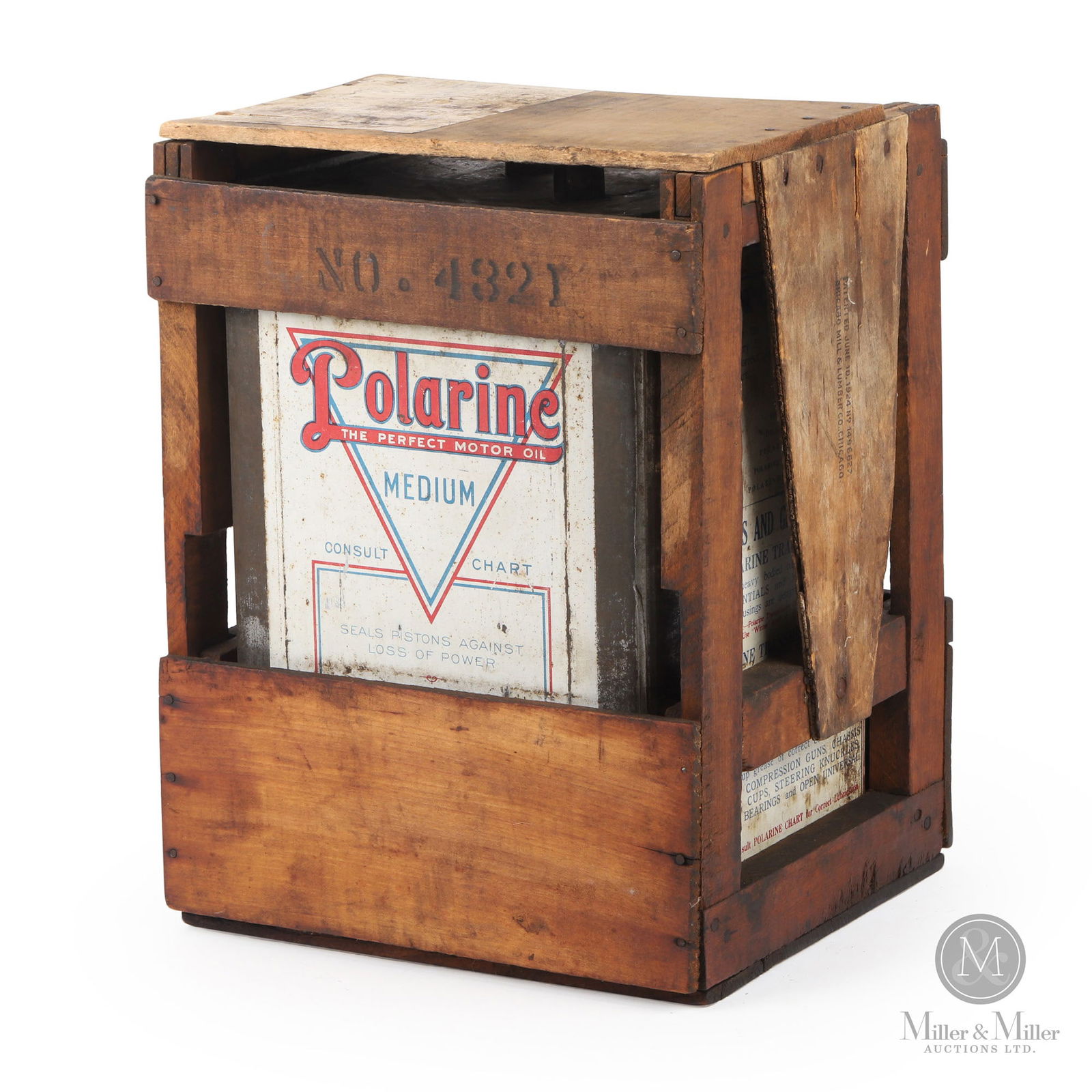 Polarine Motor Oil 5 Gallon Crated Tin: American. 1920s. Wood, lithographed tin. Marked, "Patented June 10, 1924 No. 1496827. Chicago Mill and Lumber Co. Chicago", lower edge. 15.5" x 12" x 10".