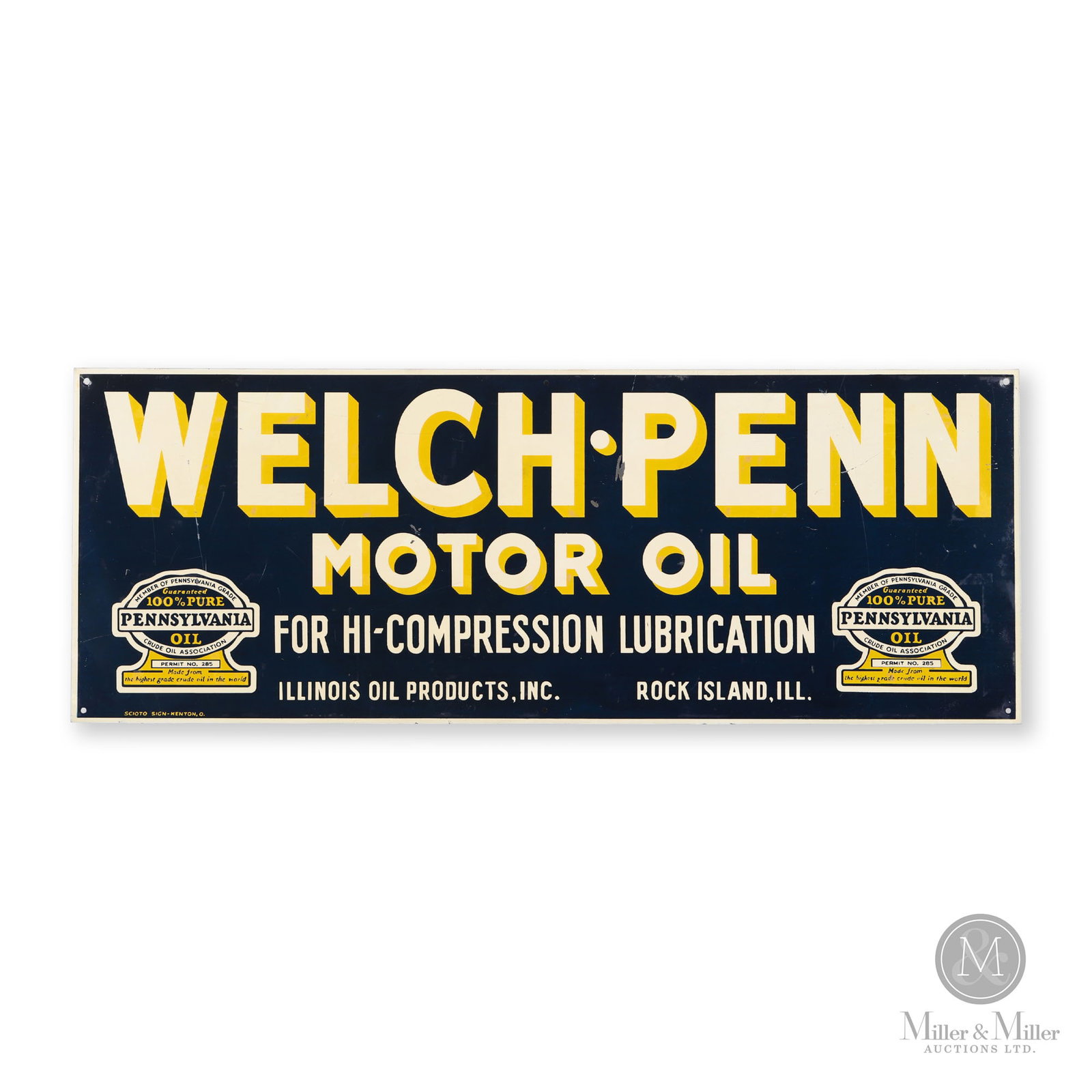 Welch-Penn Motor Oil Sign: American. 1940s. Single-sided tin (SST). Marked, "Scioto Sign - Kenton, O.", lower right edge. 9" x 24". From the Ken and Sylvia McGee Collection.