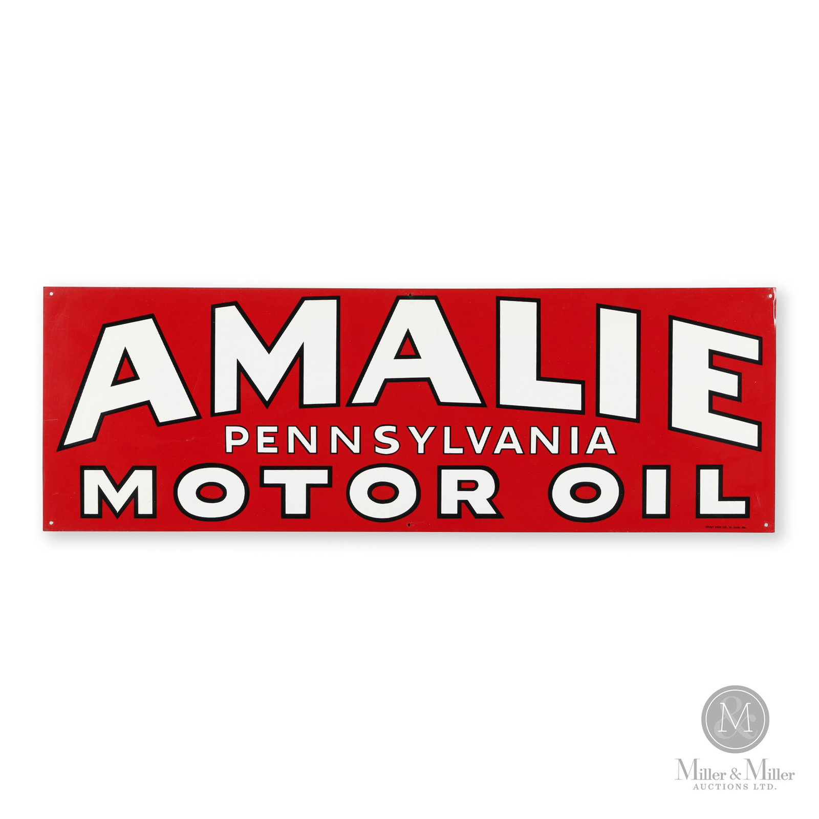Amalie Pennsylvania Motor Oil Sign: American. 1960s. Single-sided tin (SST). Marked, "Stout Sign Co., St. Louis, Mo.", lower left. 11.75" x 35.5".