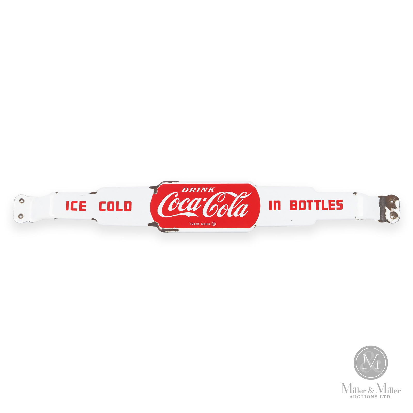 Coca-Cola "Ice Cold - In Bottles" Door Push Bar: American. 1950s. Double-sided porcelain (DSP). 4" x 29.75" x 1".