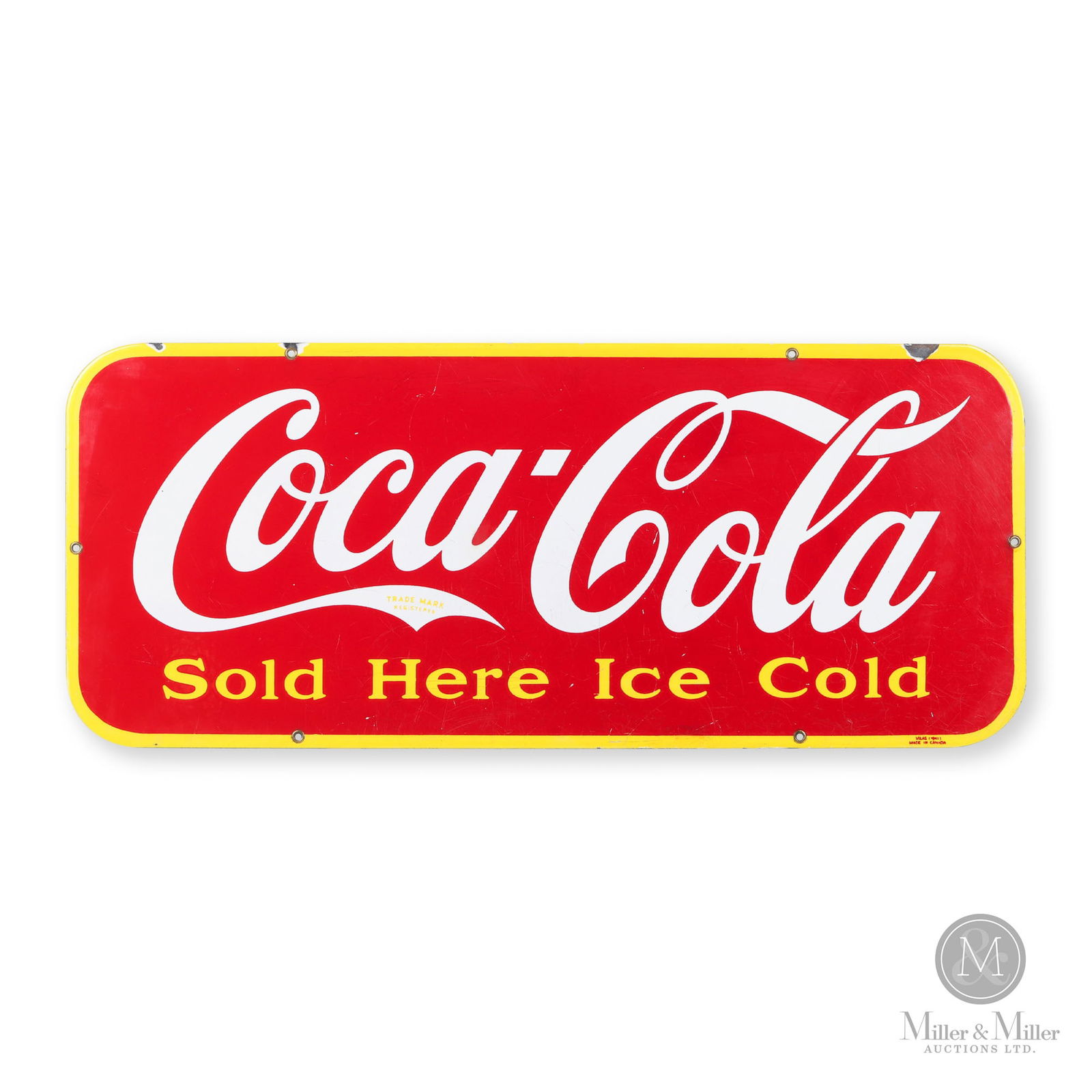 Coca-Cola 1941 Door Kick Sign: Canadian. 1941. Single-sided porcelain (SSP). Sold here ice cold. Marked, "Vilas (1941) Made in Canada", lower right. 12.5" x 29.5".